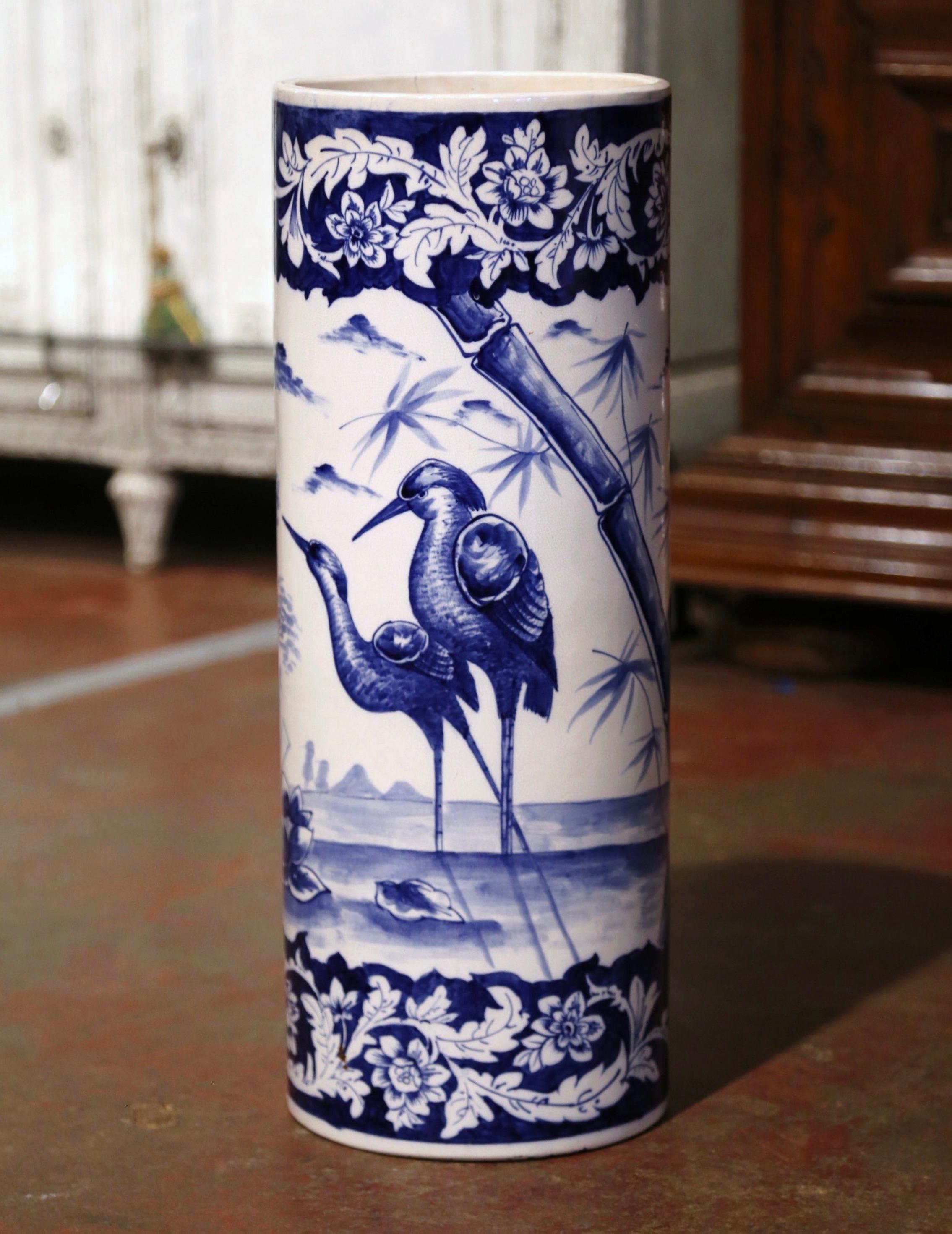 Hand-Painted 19th Century French Hand Painted Blue and White Porcelain Umbrella Stand