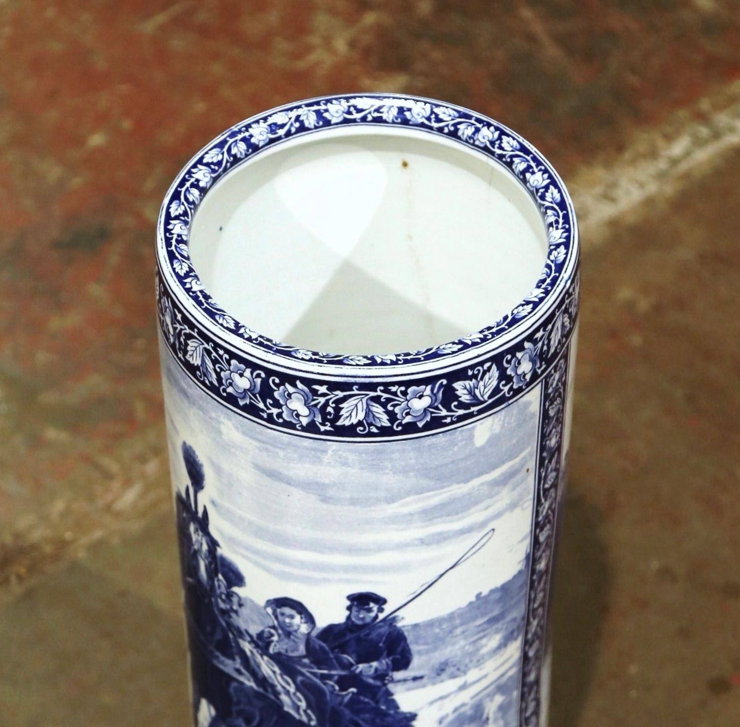 19th Century French Hand Painted Blue and White Porcelain Umbrella Stand In Excellent Condition In Dallas, TX