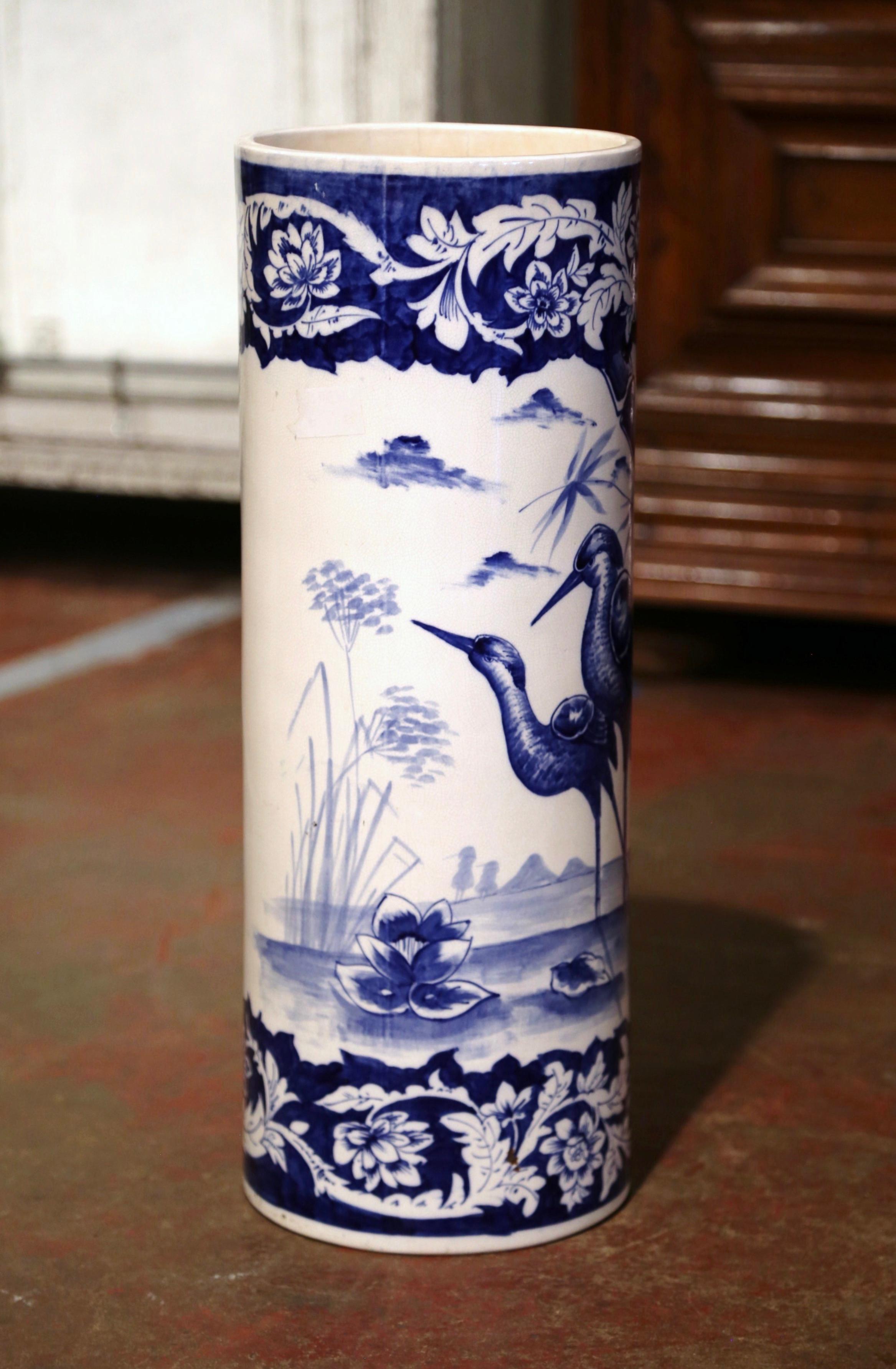 19th Century French Hand Painted Blue and White Porcelain Umbrella Stand In Excellent Condition In Dallas, TX