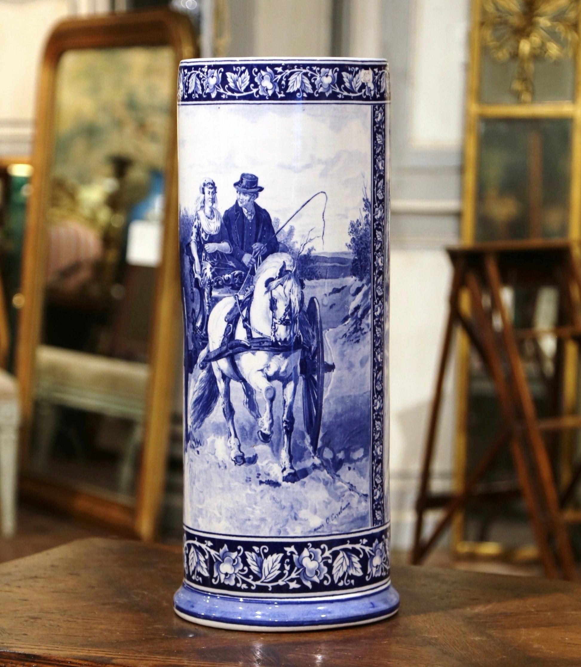 19th Century French Hand Painted Blue and White Porcelain Umbrella Stand 1