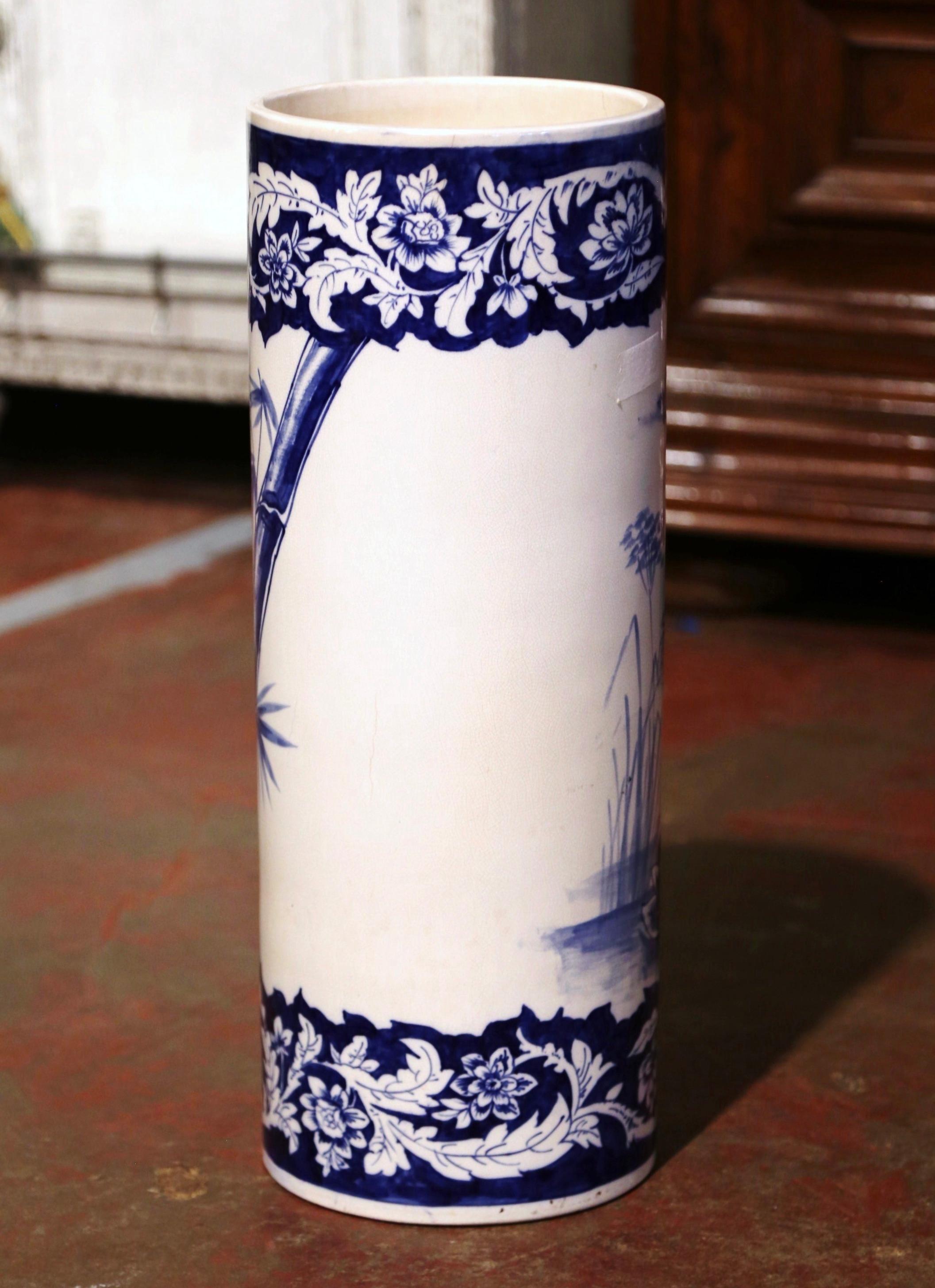 19th Century French Hand Painted Blue and White Porcelain Umbrella Stand 1
