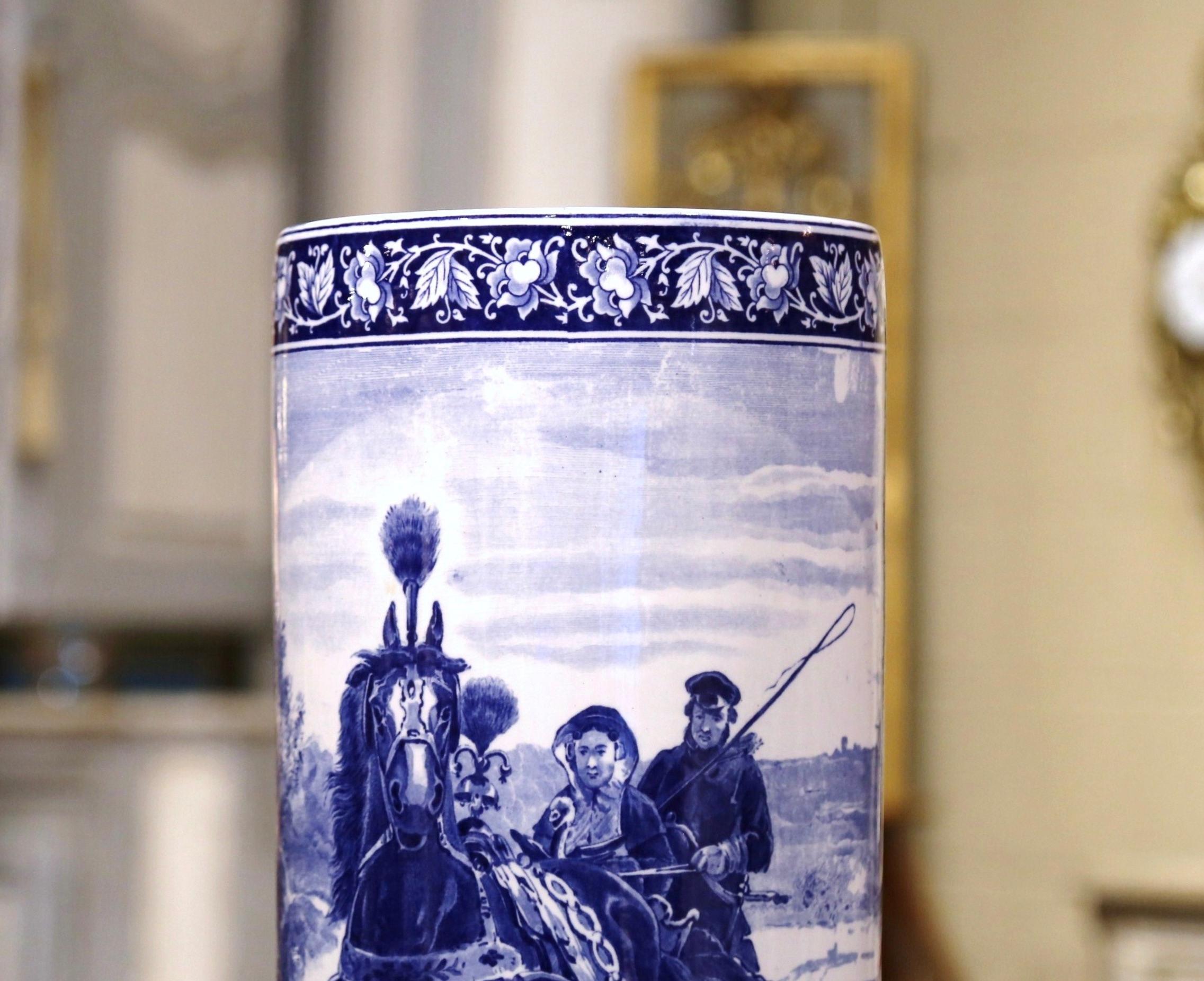 19th Century French Hand Painted Blue and White Porcelain Umbrella Stand 2