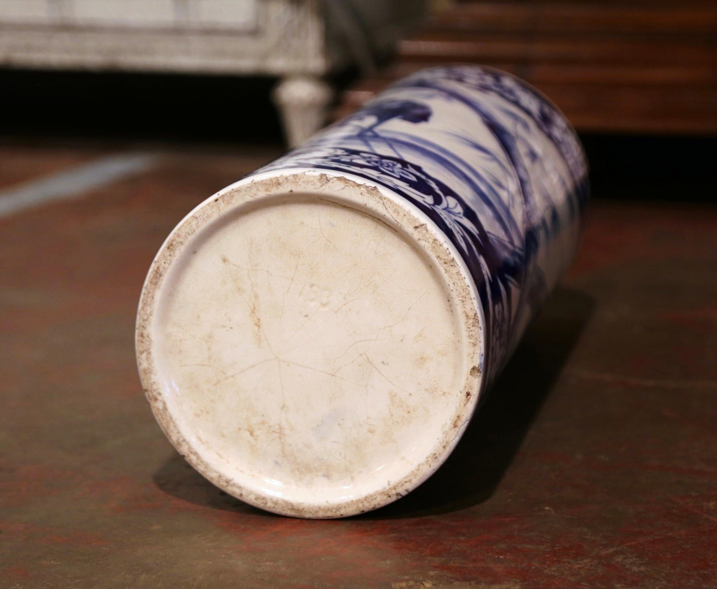 19th Century French Hand Painted Blue and White Porcelain Umbrella Stand 2