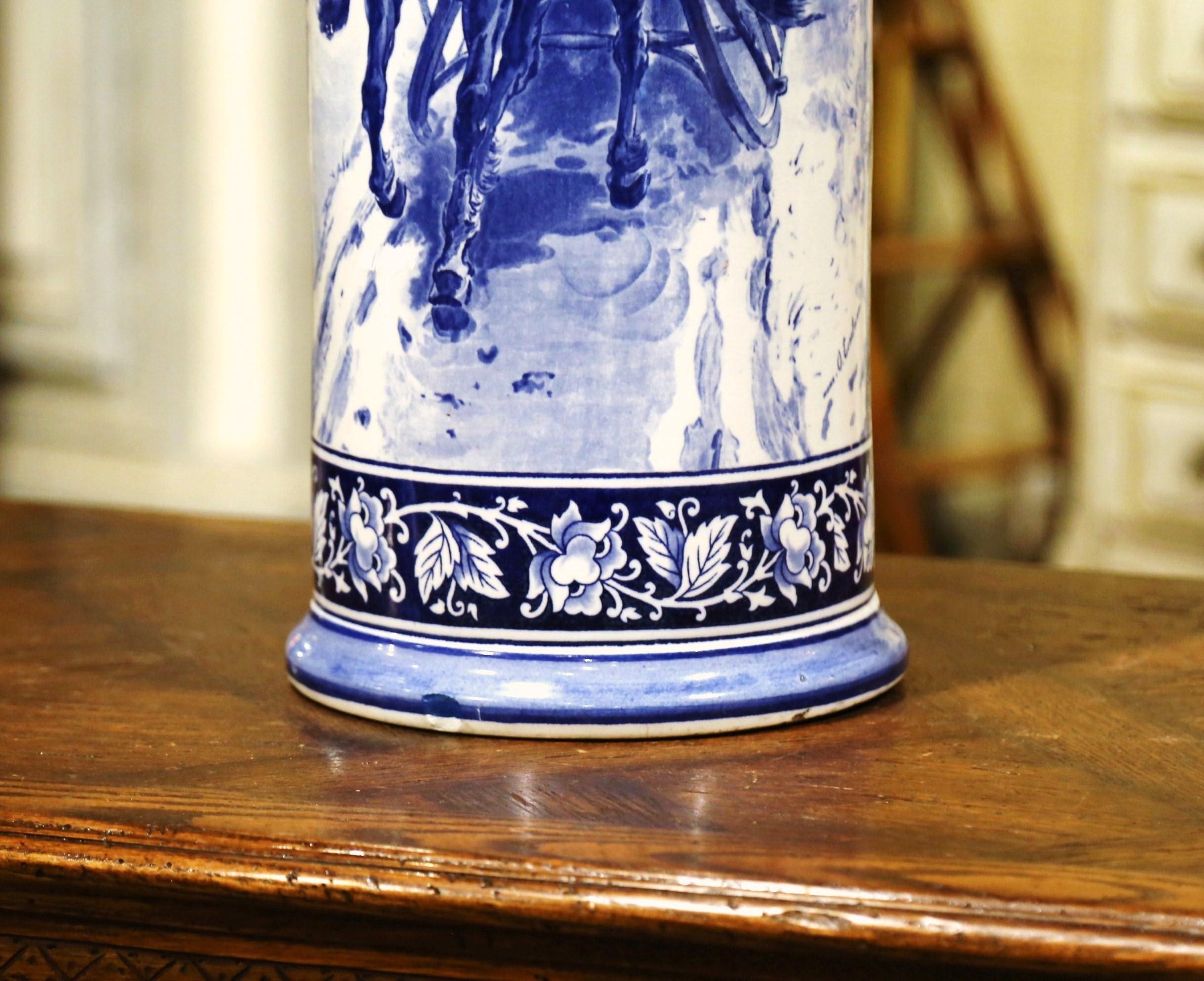 19th Century French Hand Painted Blue and White Porcelain Umbrella Stand 3