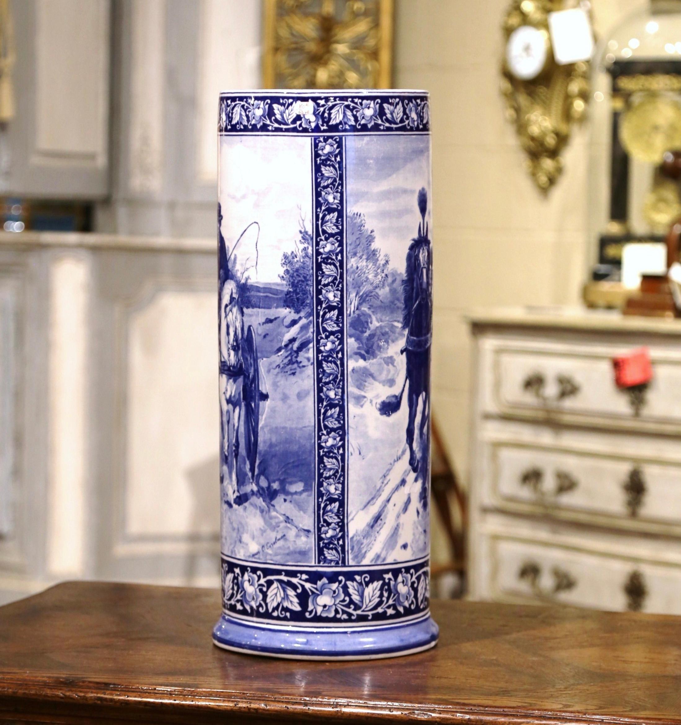19th Century French Hand Painted Blue and White Porcelain Umbrella Stand 4