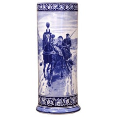 19th Century French Hand Painted Blue and White Porcelain Umbrella Stand