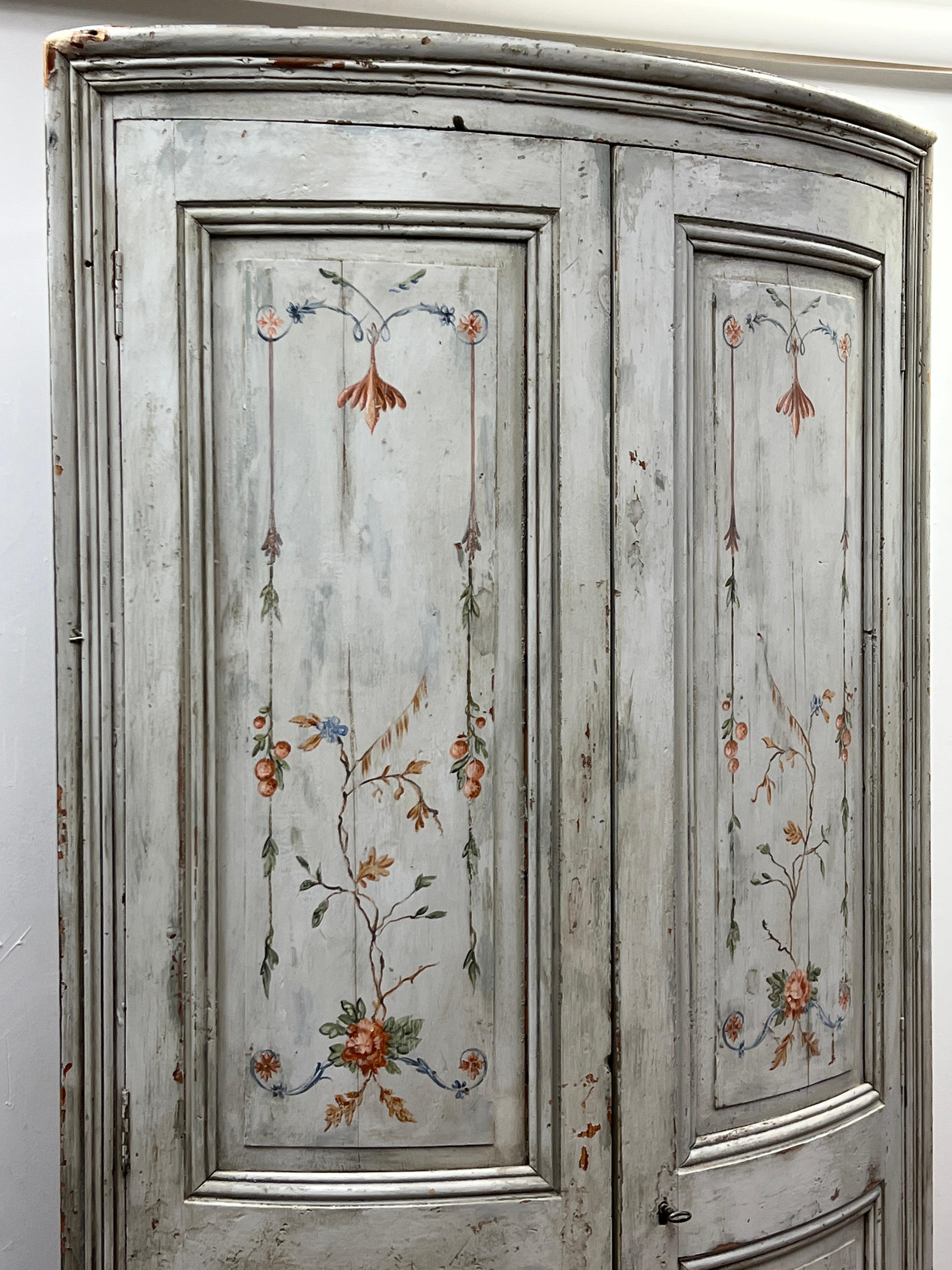 Pine 19th Century French Hand-Painted Bow Front Corner Cupboard