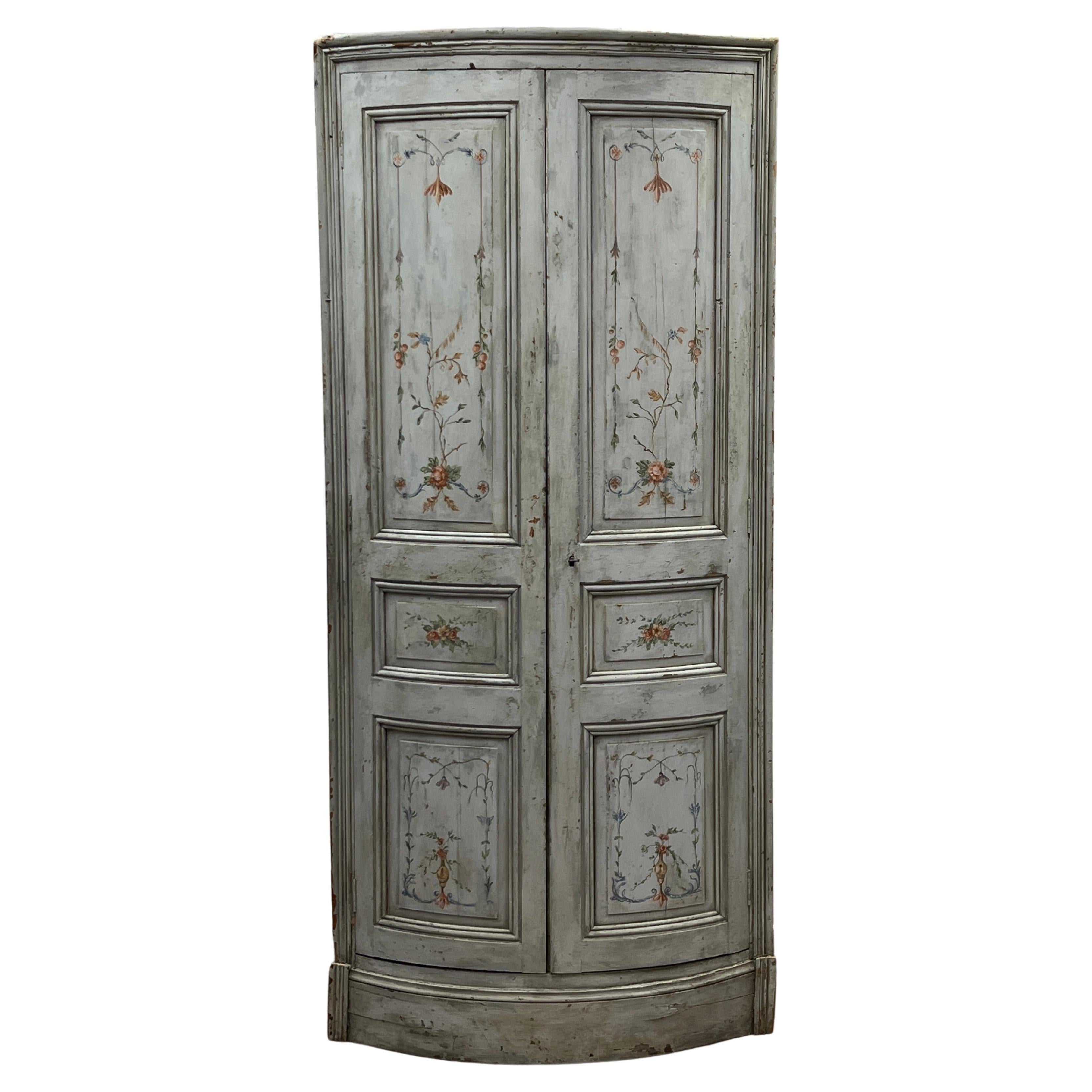 19th Century French Hand-Painted Bow Front Corner Cupboard