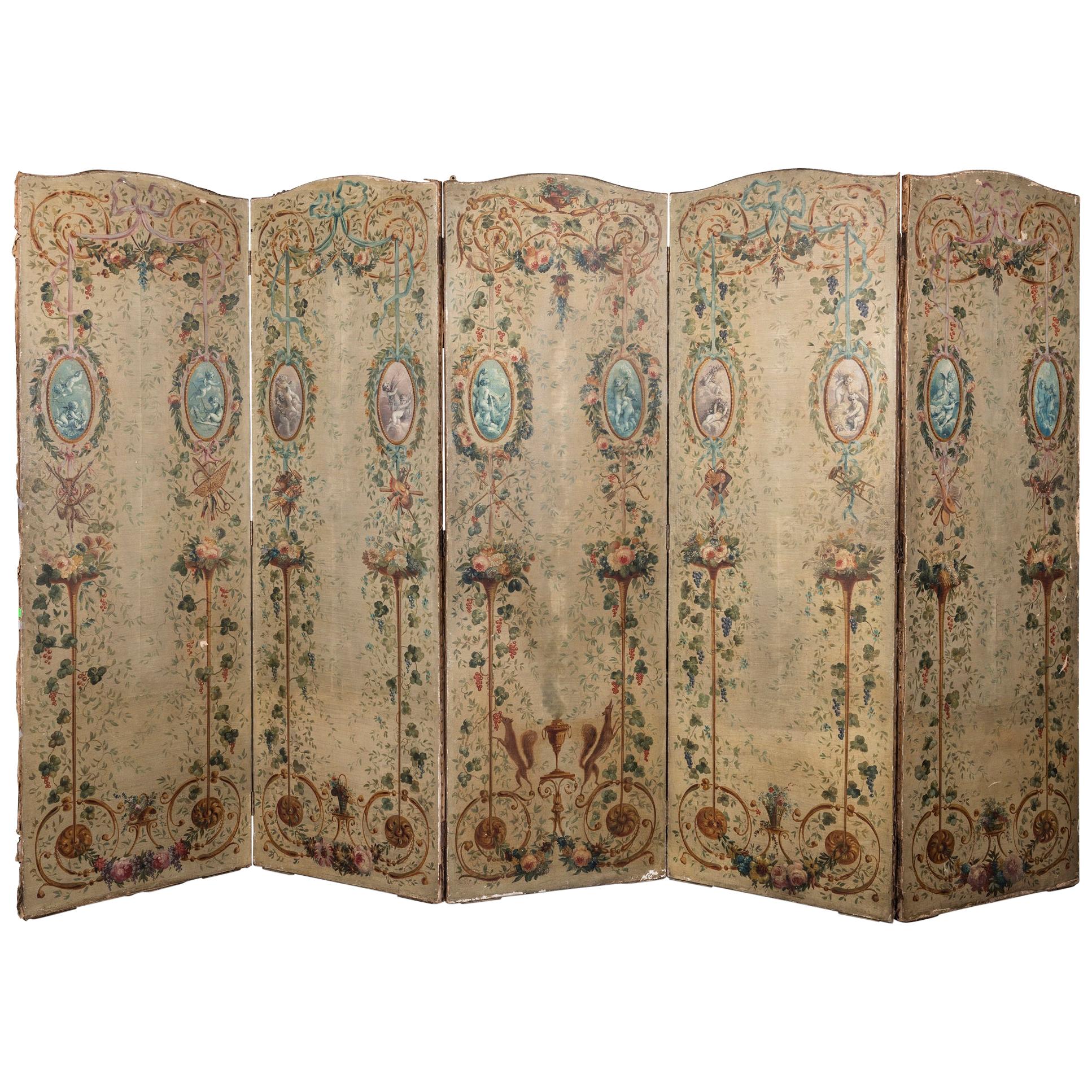 A 19th Century French Hand Painted Canvas Five Panelled Screen For Sale