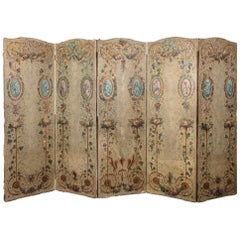 A 19th Century French Hand Painted Canvas Five Panelled Screen