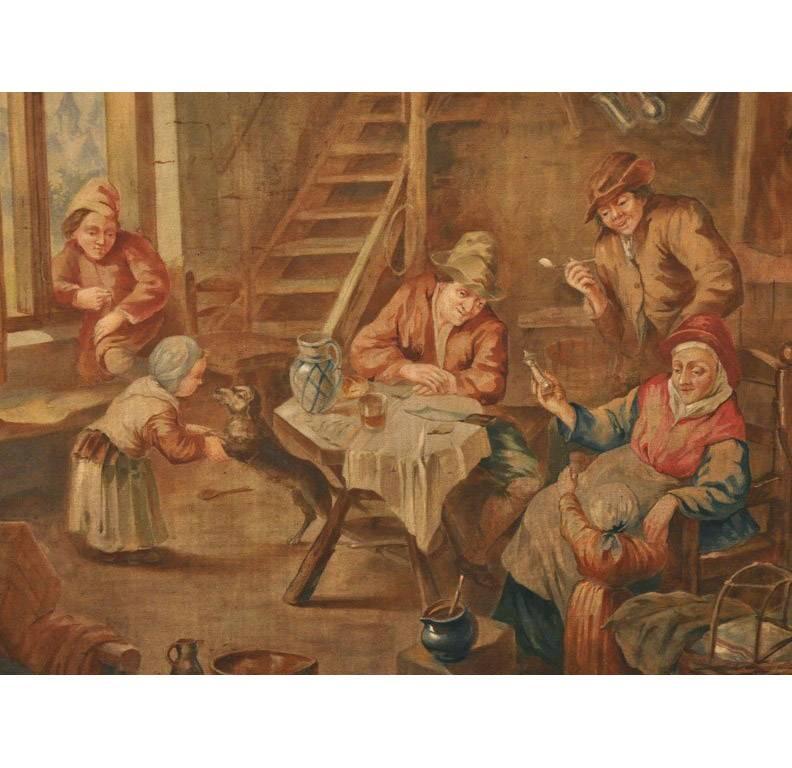 This tall, hand painted canvas was crafted in France, circa 1870; originally from an inside room paneling, the antique painting depicts an indoor pastoral or farm scene in the manner of David Teniers. The artwork has wonderful details which include