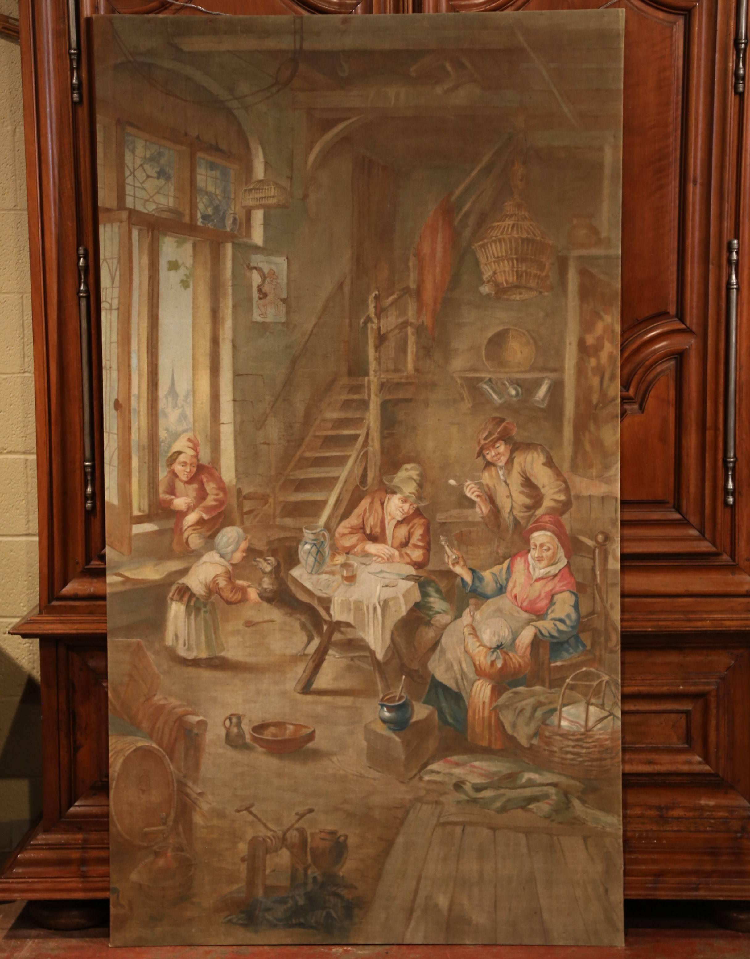Hand-Painted 19th Century French Hand Painted Canvas on Stretcher after David Teniers For Sale