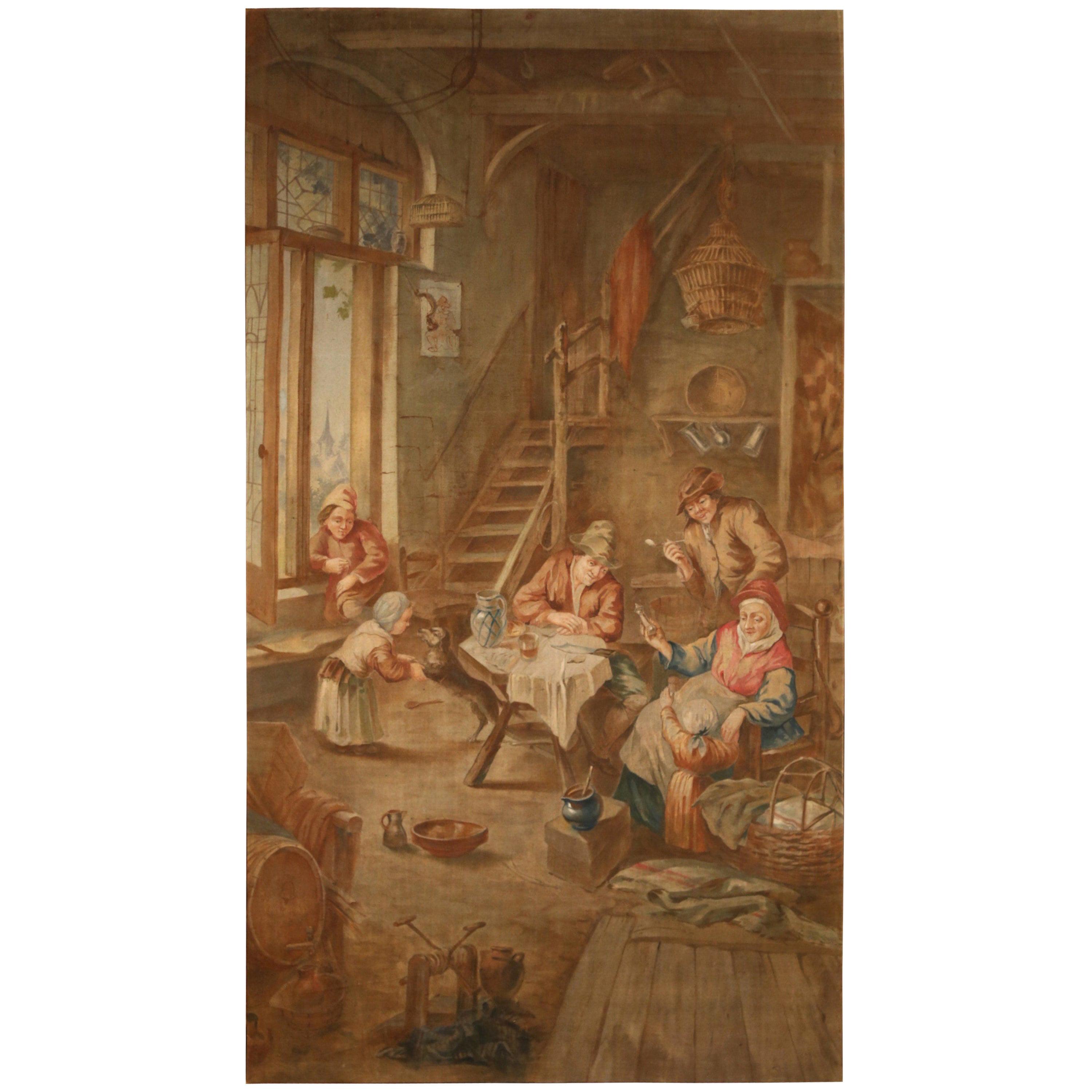 Peinture d'intérieur sur toile de genre français d'après David Teniers, 19ème siècle