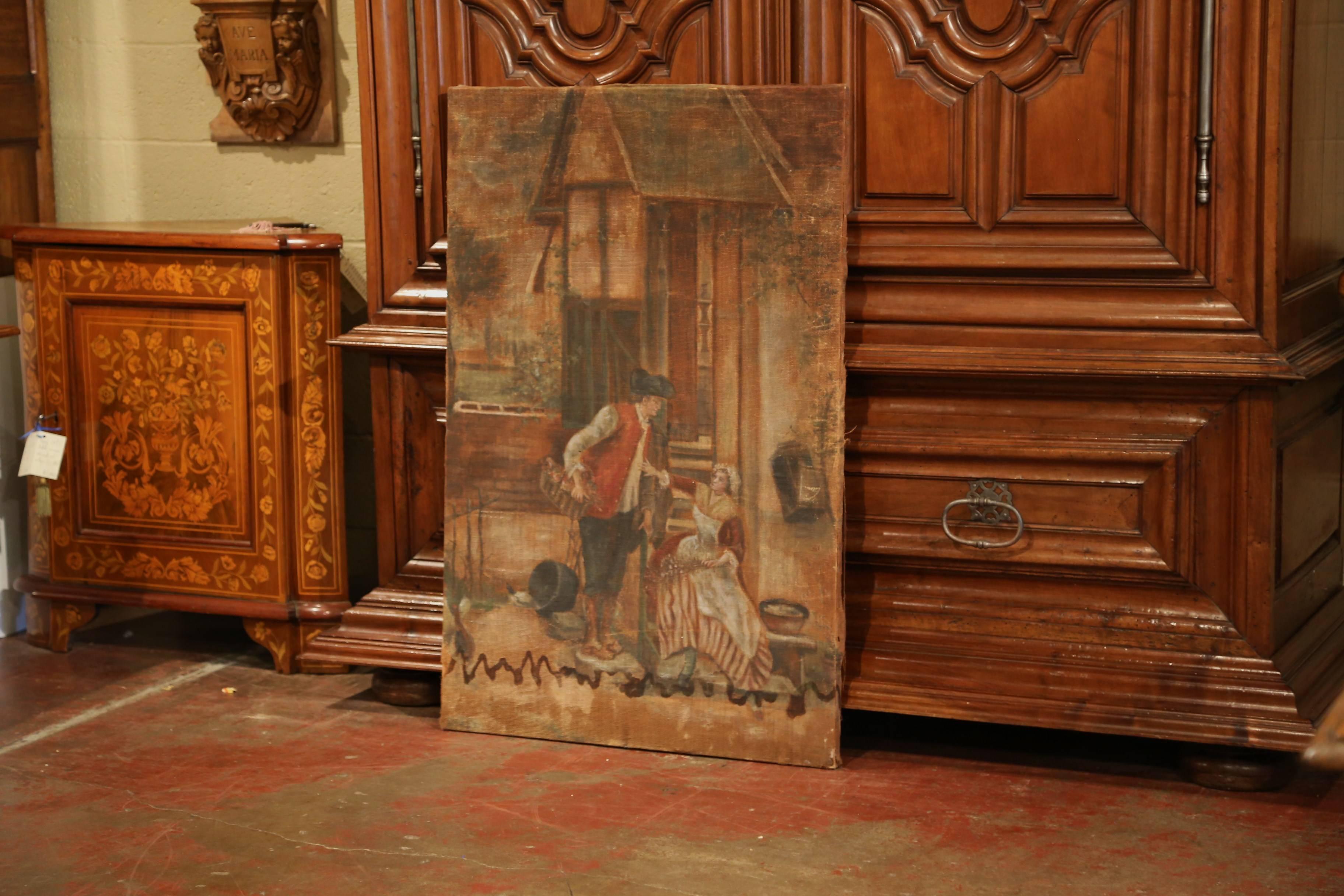 This colorful, antique painted canvas was hand painted in France circa 1860. The wall hanging illustration has been stapled to a stretcher for easy use. The canvas features a domestic courting scene in the humble manner of David Teniers. In the