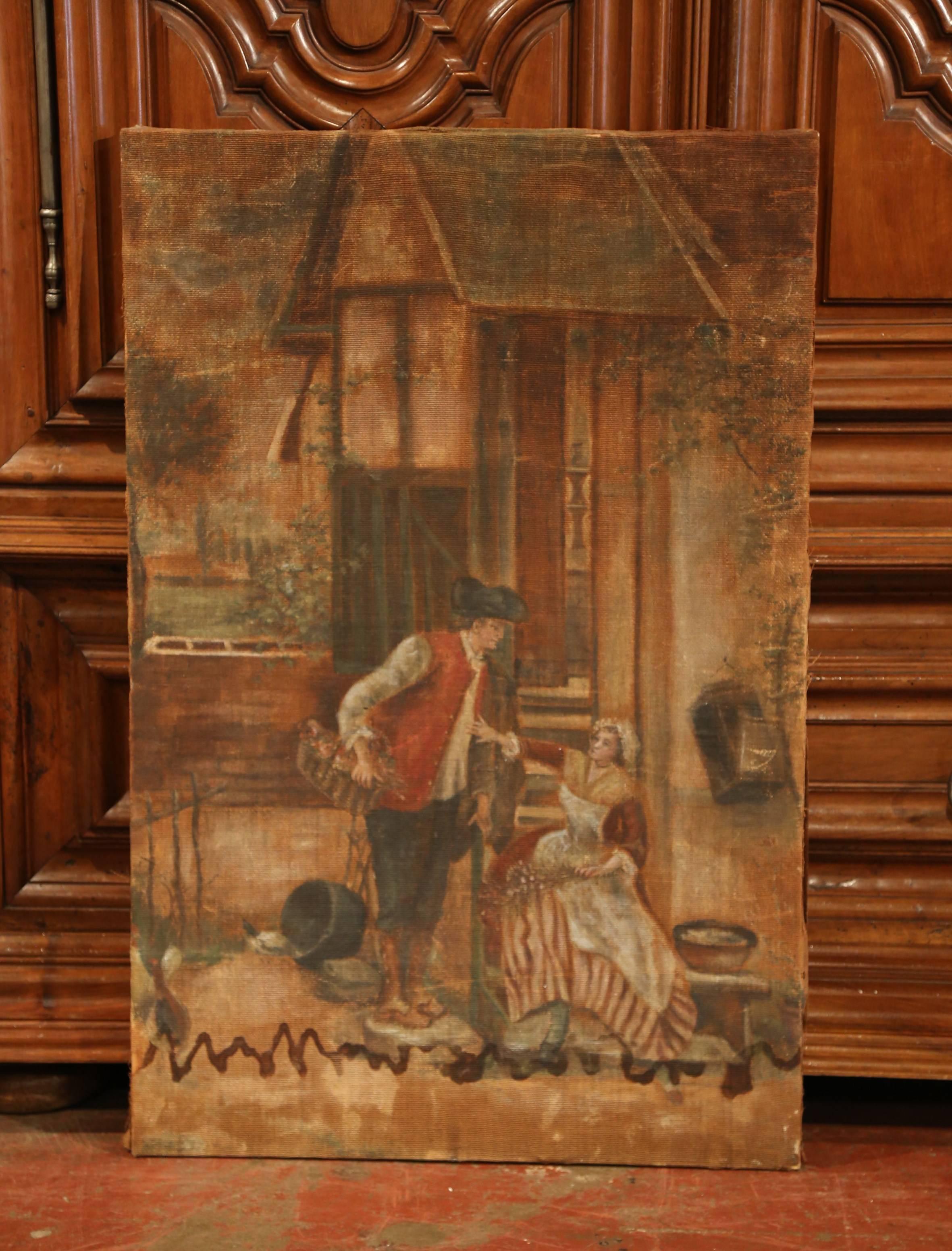 Hand-Painted 19th Century French Hand Painted Canvas on Stretcher with Courting Scene