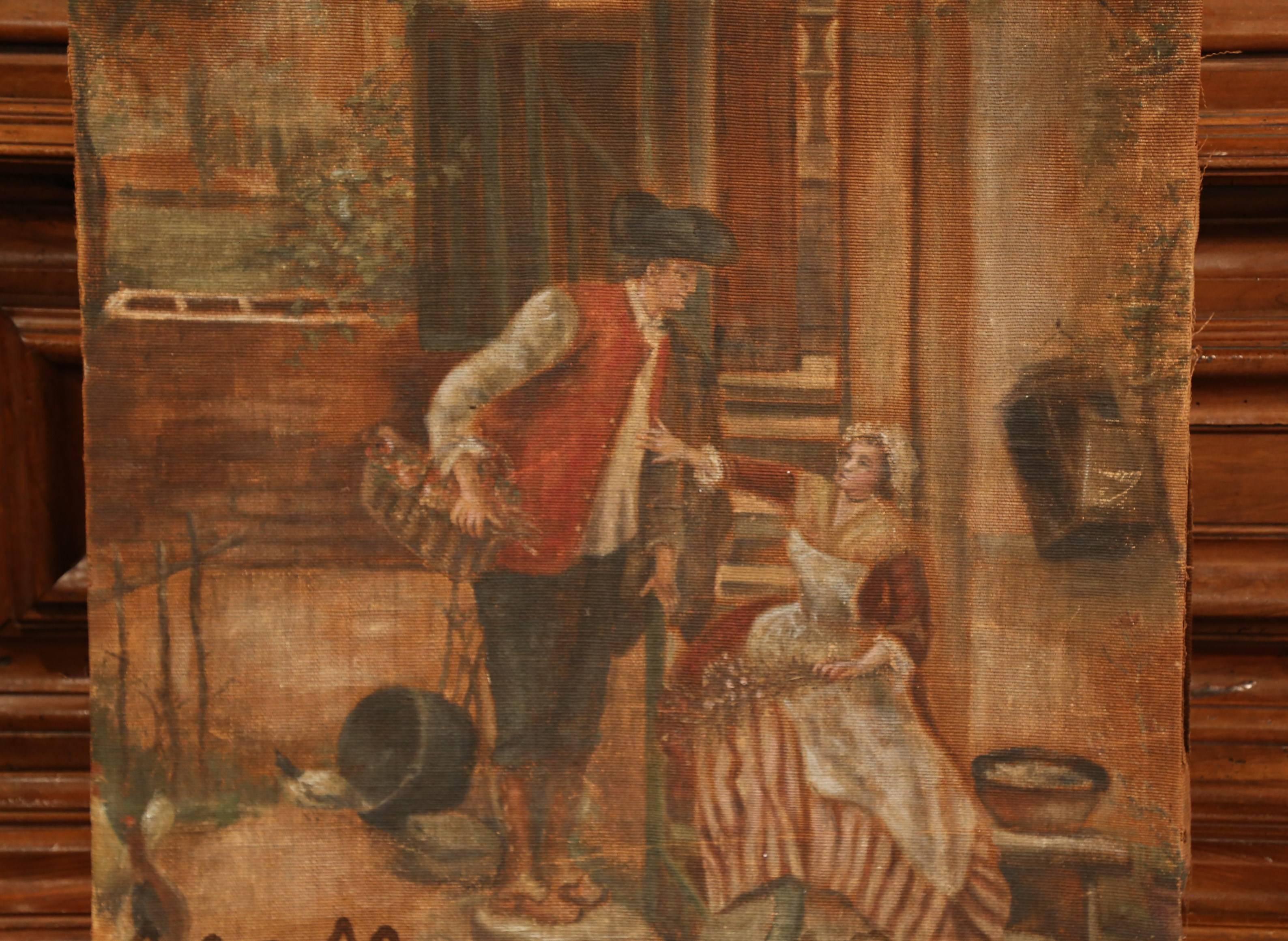 19th Century French Hand Painted Canvas on Stretcher with Courting Scene In Good Condition In Dallas, TX