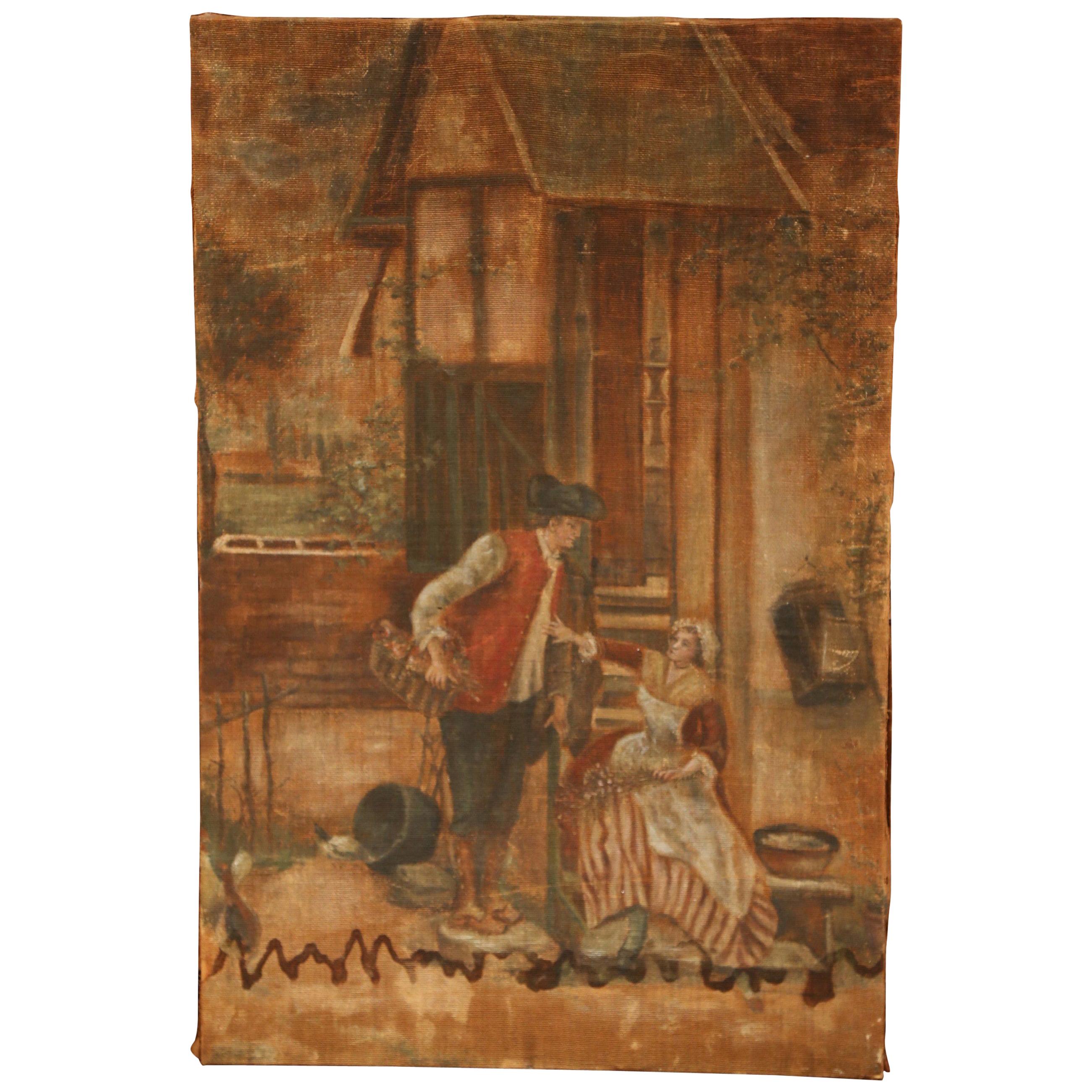 19th Century French Hand Painted Canvas on Stretcher with Courting Scene