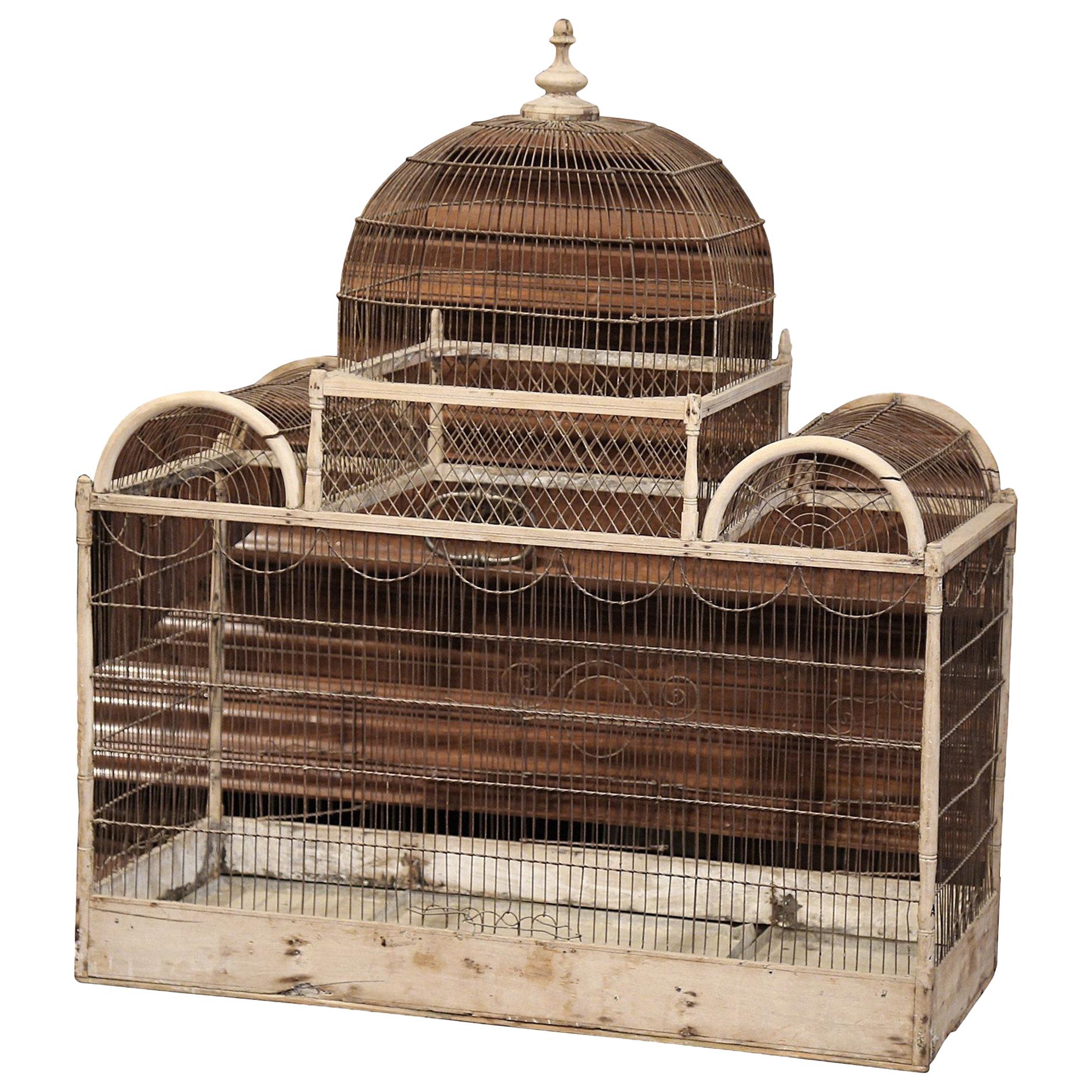 19th Century French Hand Painted Carved and Wired Birdcage