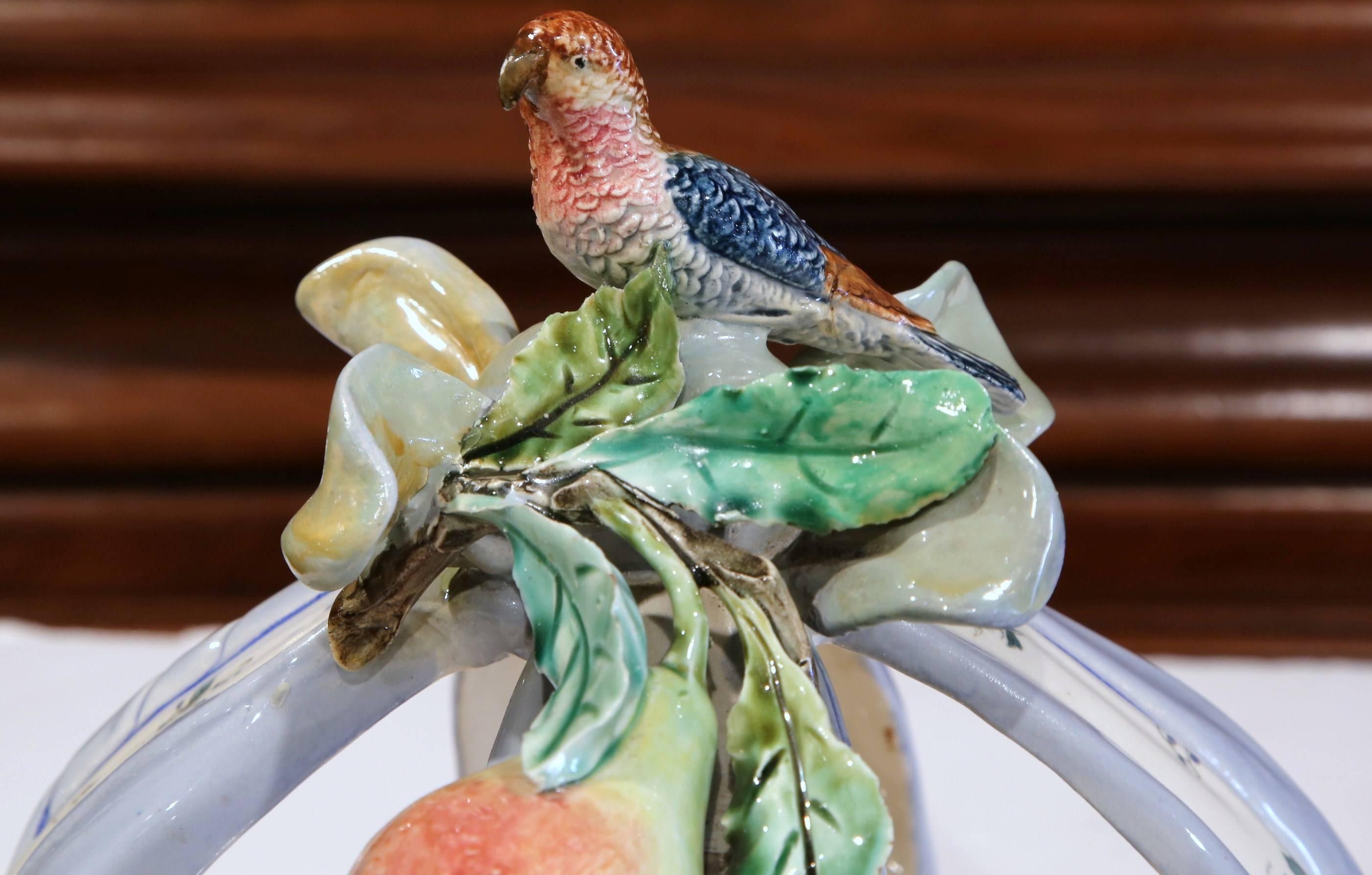 Hand-Crafted 19th Century, French Hand Painted Ceramic Barbotine Basket with Bird and Fruit
