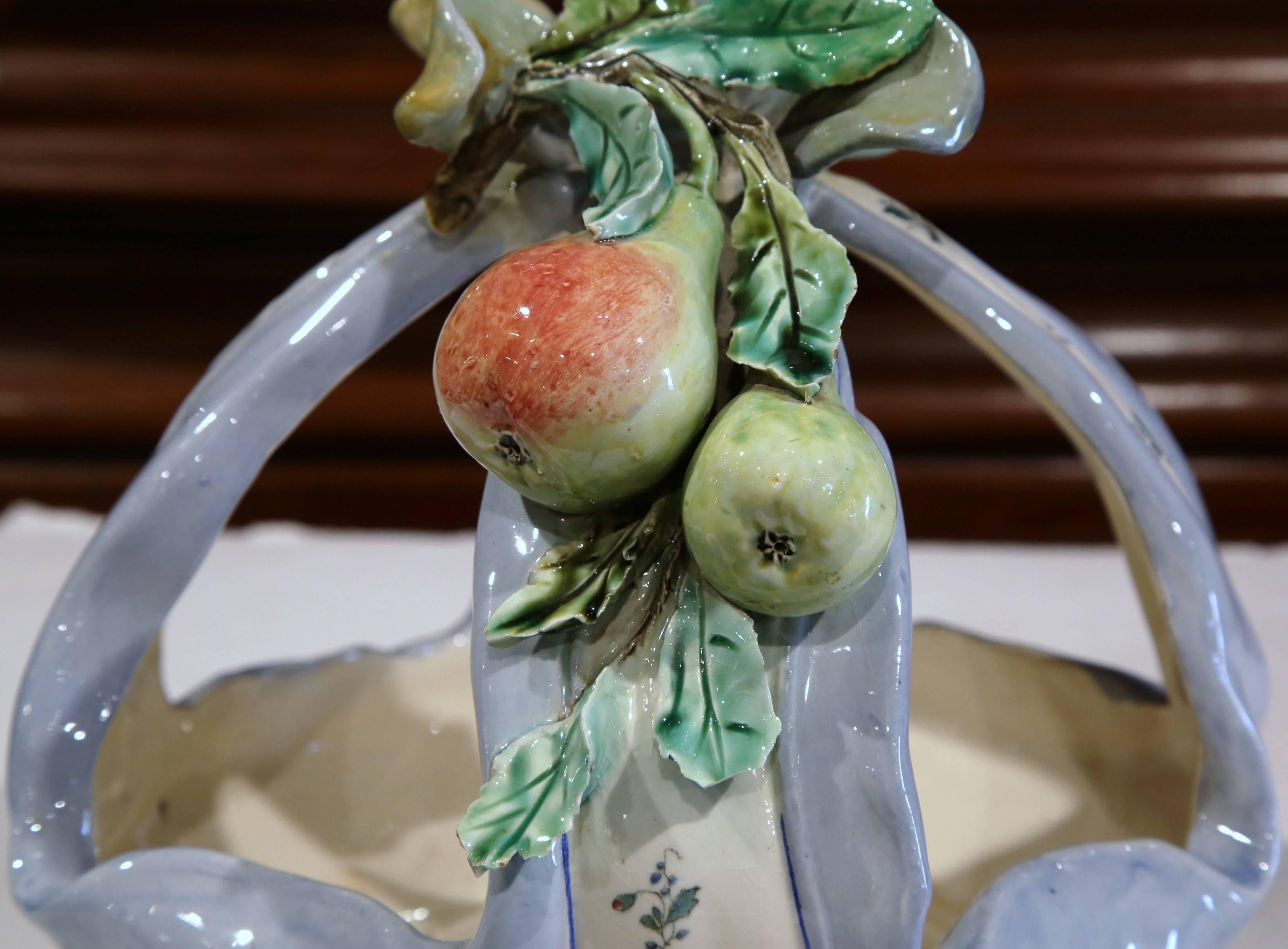 19th Century, French Hand Painted Ceramic Barbotine Basket with Bird and Fruit In Excellent Condition In Dallas, TX