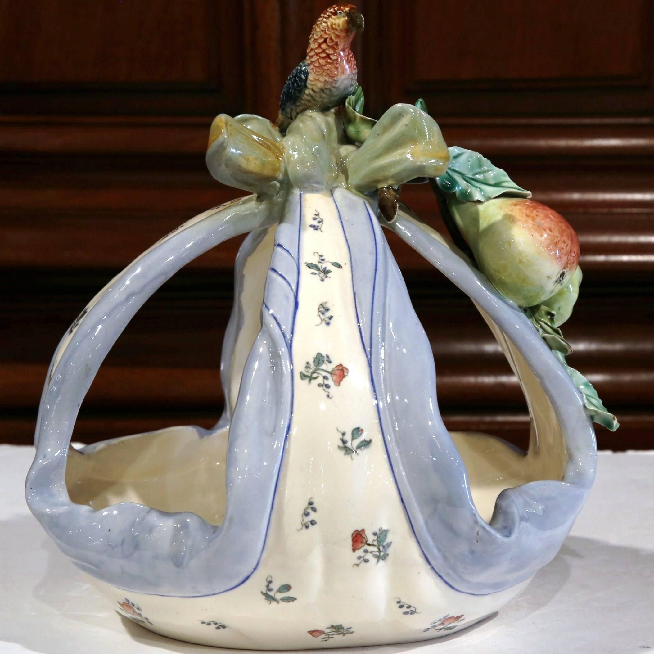 19th Century, French Hand Painted Ceramic Barbotine Basket with Bird and Fruit 1