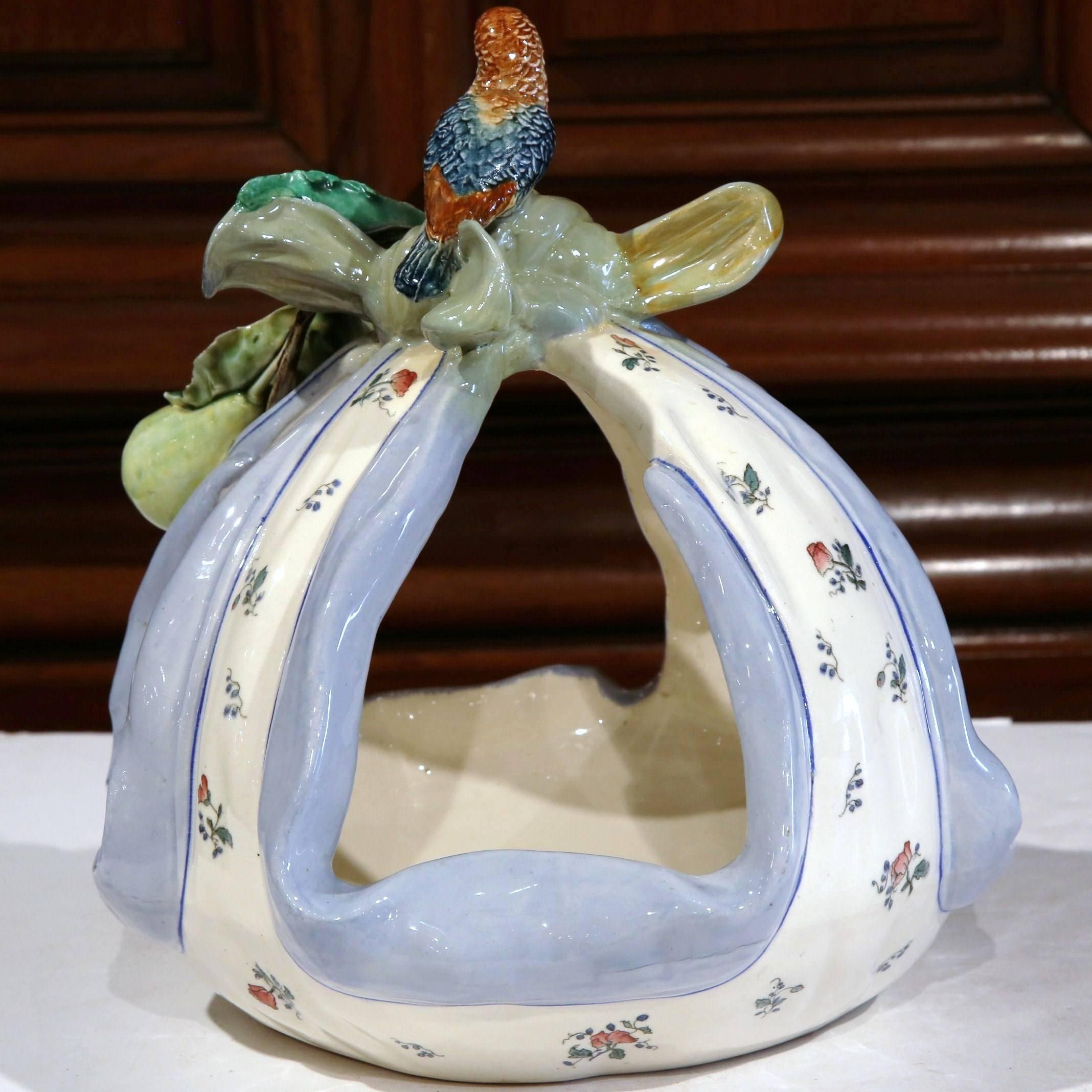 19th Century, French Hand Painted Ceramic Barbotine Basket with Bird and Fruit 2