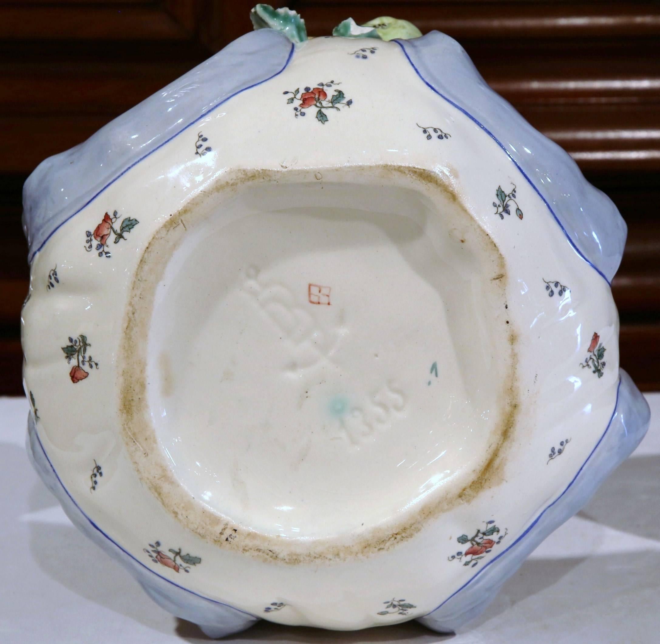 19th Century, French Hand Painted Ceramic Barbotine Basket with Bird and Fruit 3