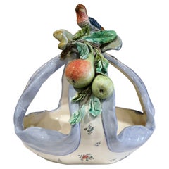 19th Century, French Hand Painted Ceramic Barbotine Basket with Bird and Fruit