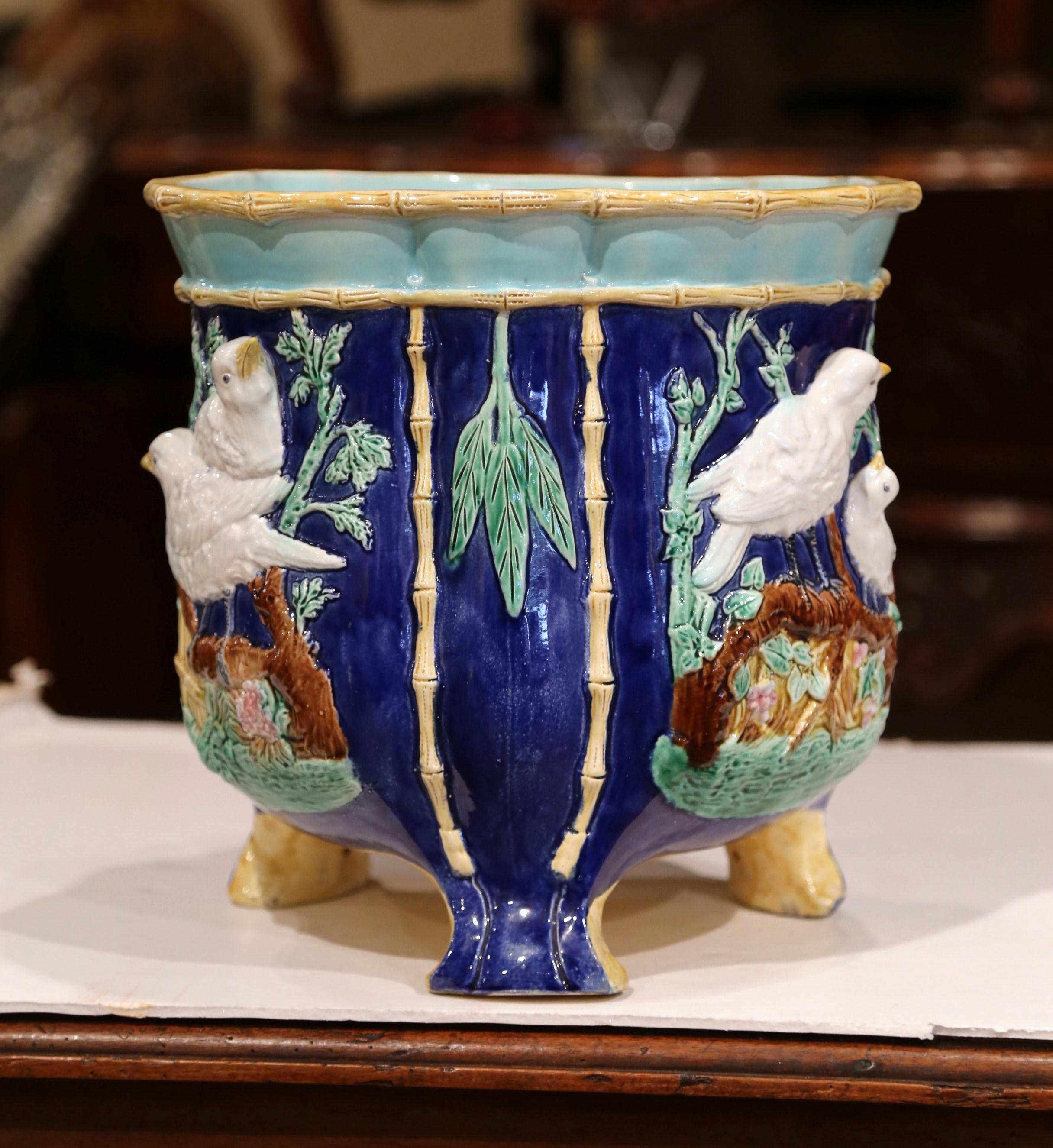 Hand-Crafted 19th Century French Hand Painted Ceramic Barbotine Cache Pot with Bird Decor