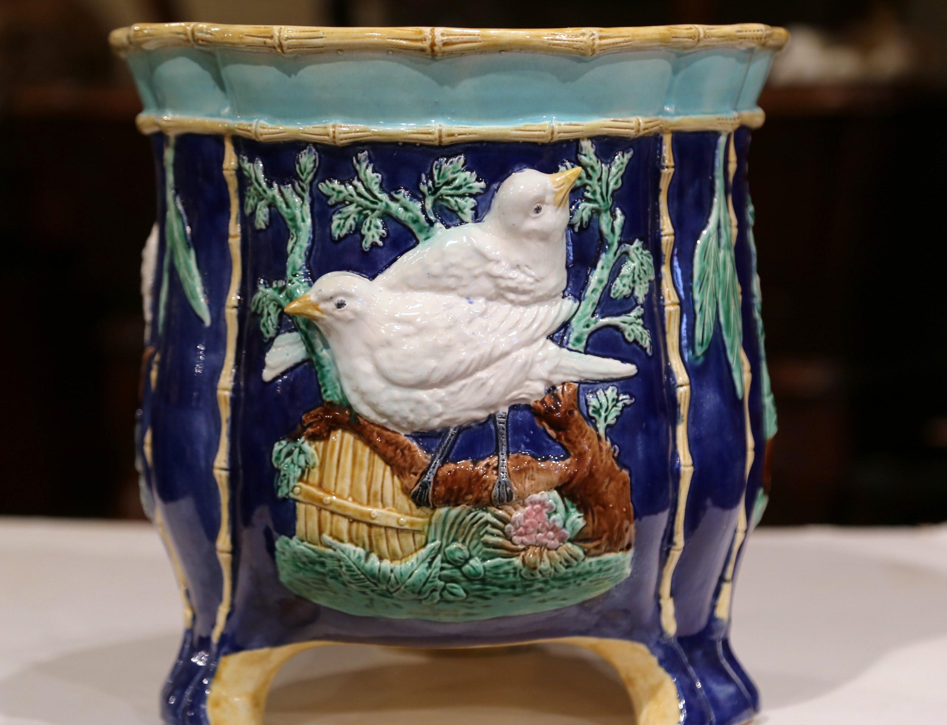 19th Century French Hand Painted Ceramic Barbotine Cache Pot with Bird Decor 1