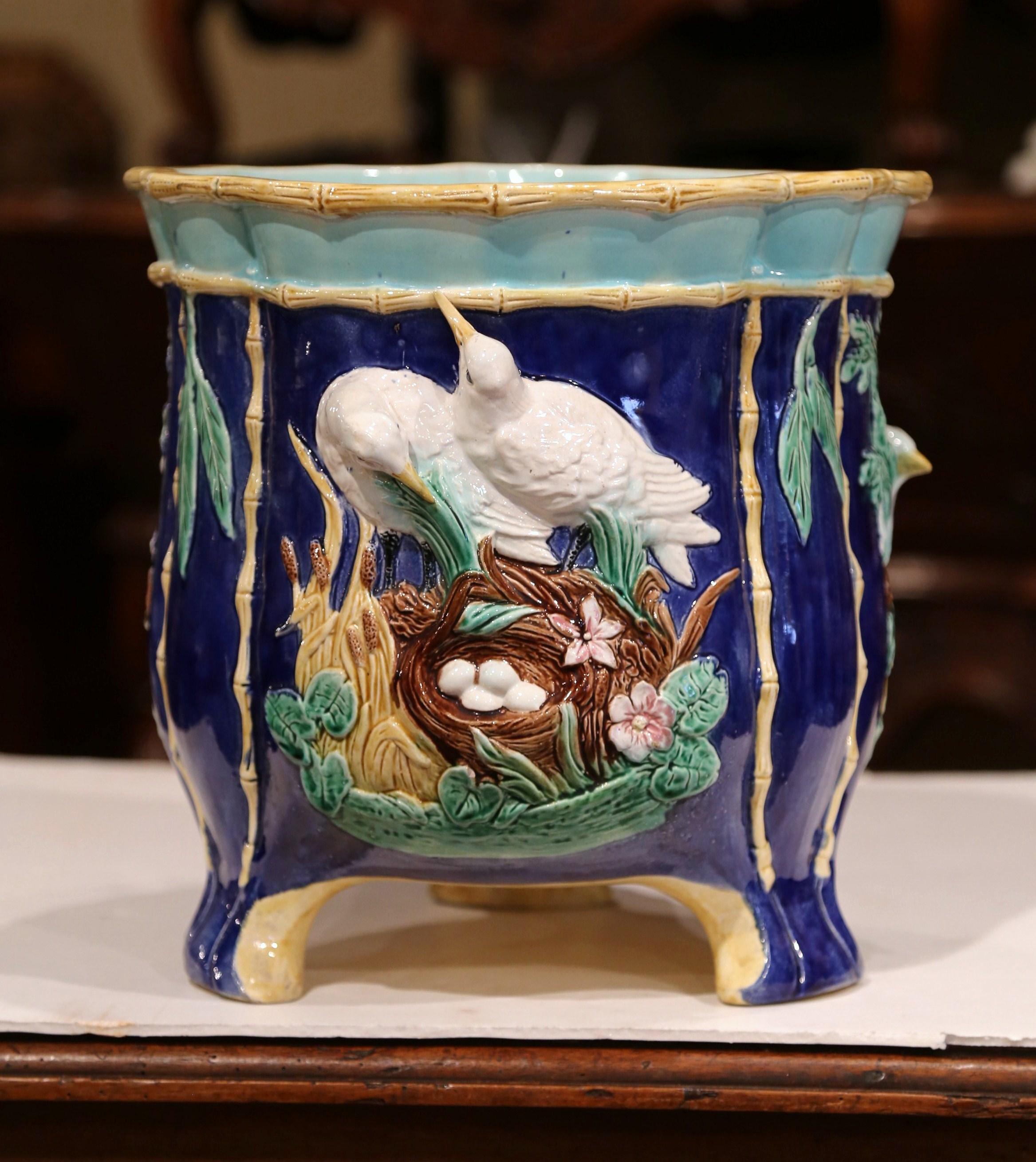 19th Century French Hand Painted Ceramic Barbotine Cache Pot with Bird Decor 2