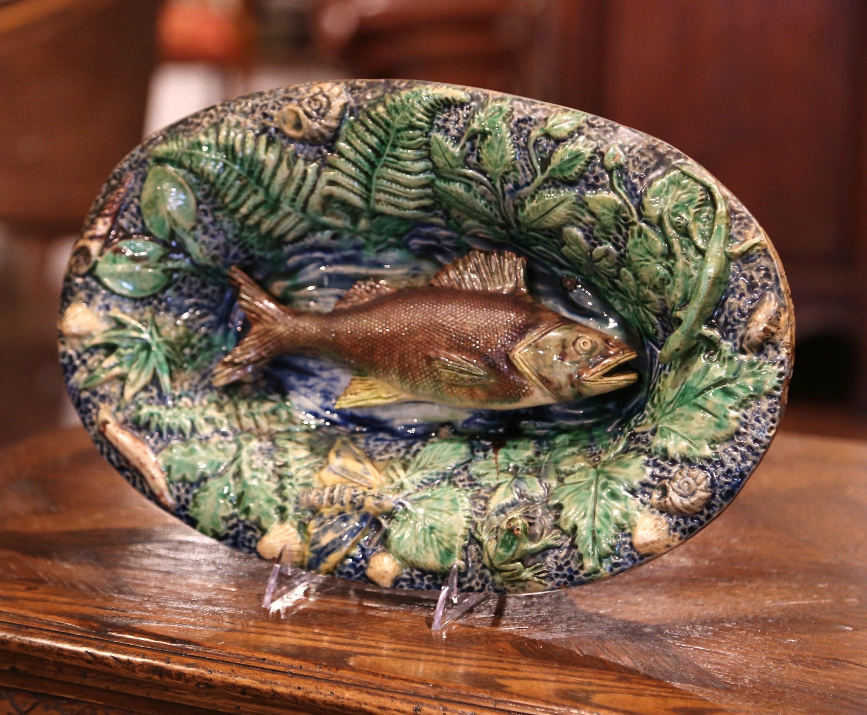 Hand-Carved 19th Century French Hand Painted Ceramic Barbotine Fish Platter Palissy Style