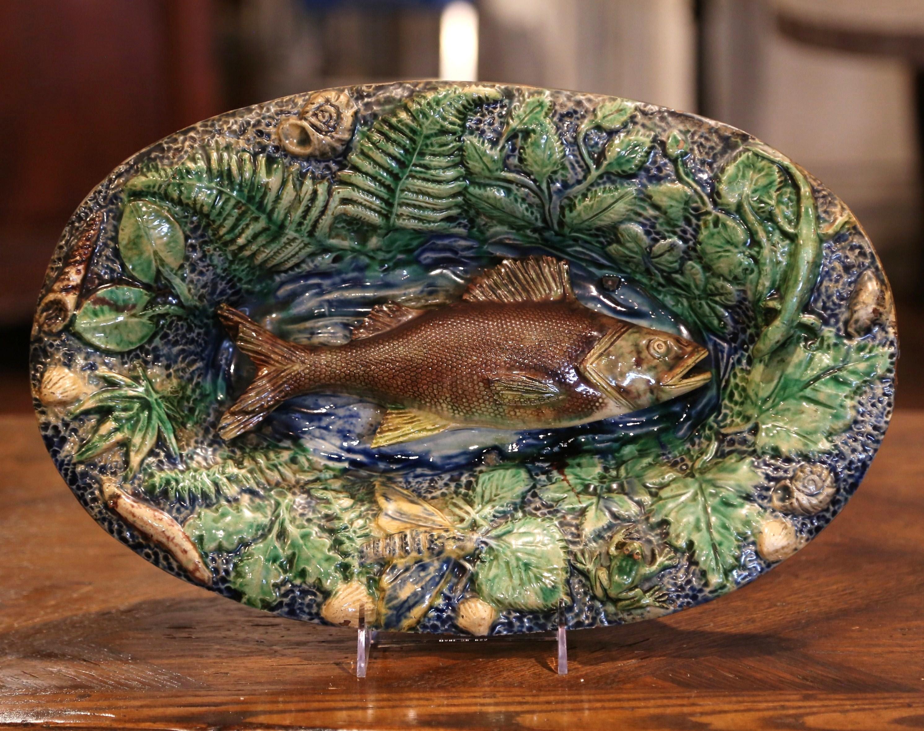 19th Century French Hand Painted Ceramic Barbotine Fish Platter Palissy Style 1