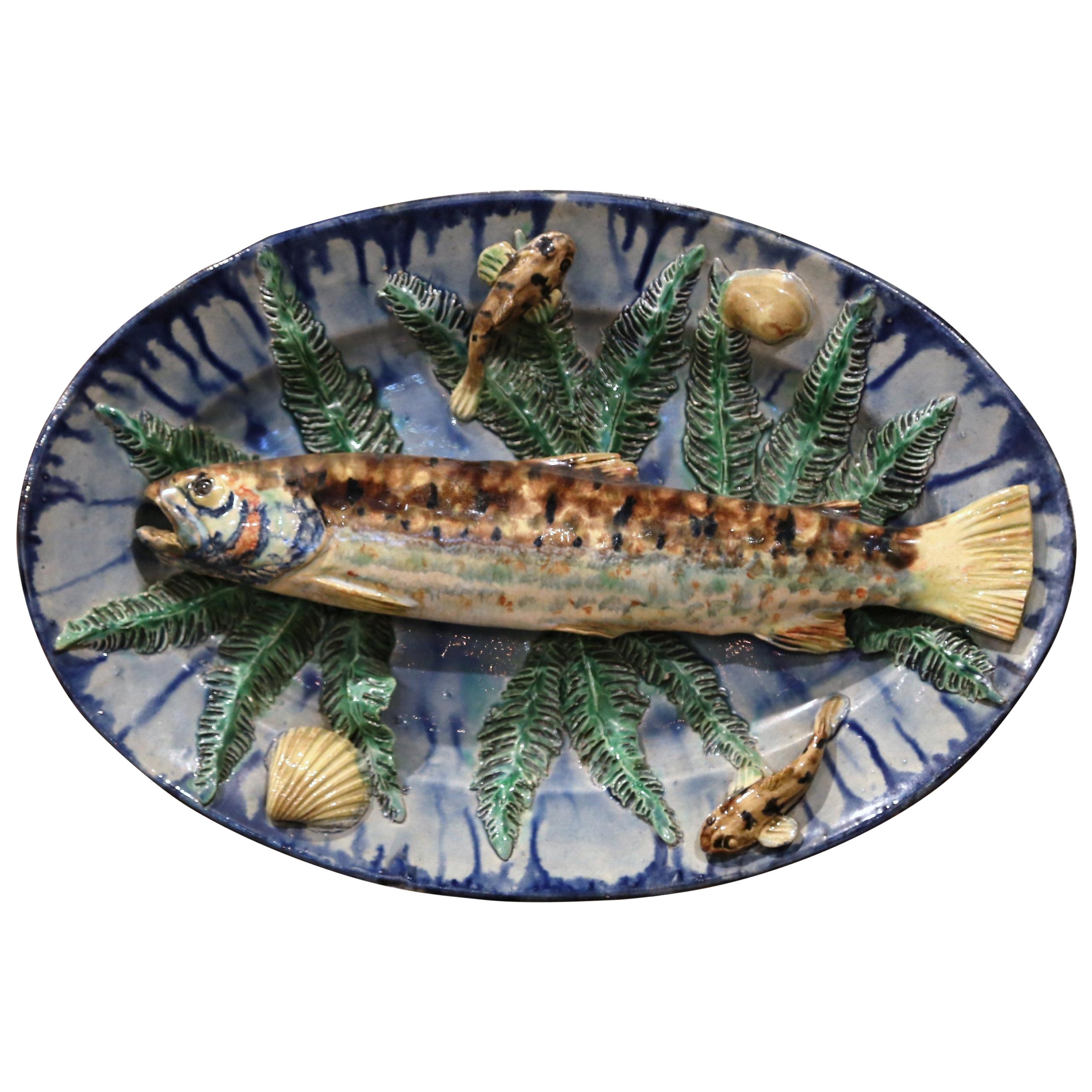 19th Century French Hand Painted Ceramic Barbotine Fish Platter Palissy Style
