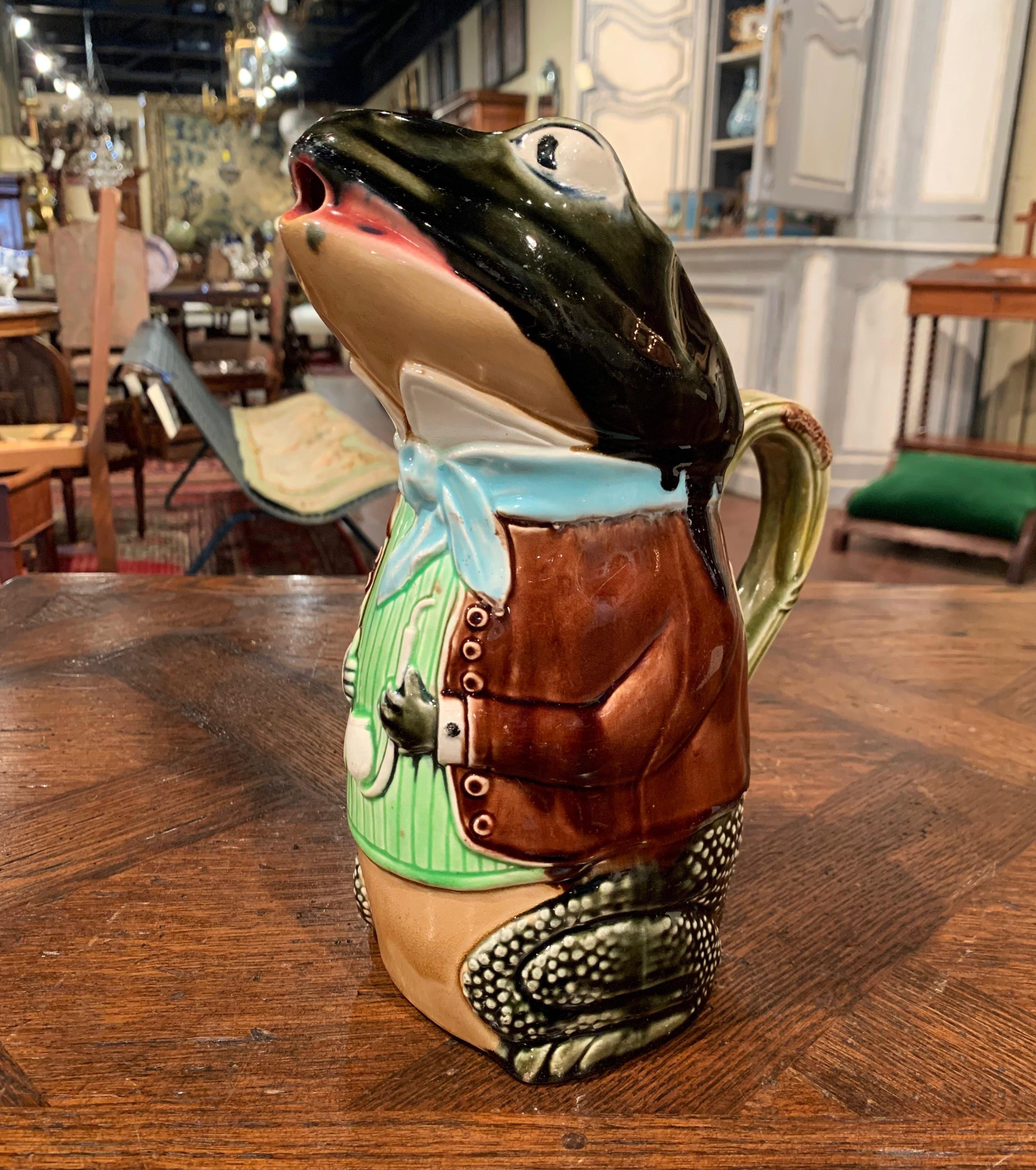 19th Century French Hand Painted Ceramic Barbotine Frog Pitcher by Fives Lille In Excellent Condition In Dallas, TX