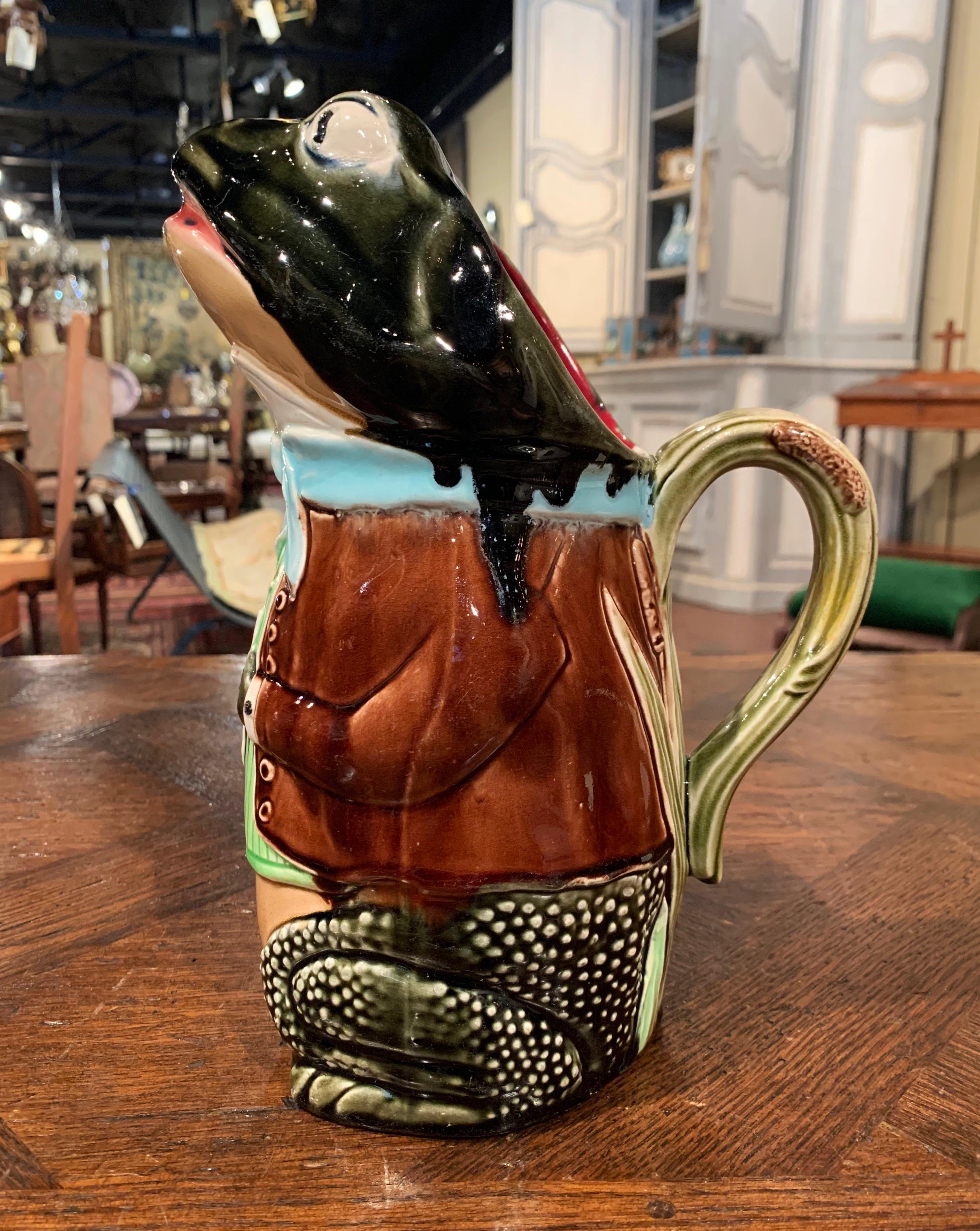 19th Century French Hand Painted Ceramic Barbotine Frog Pitcher by Fives Lille 1