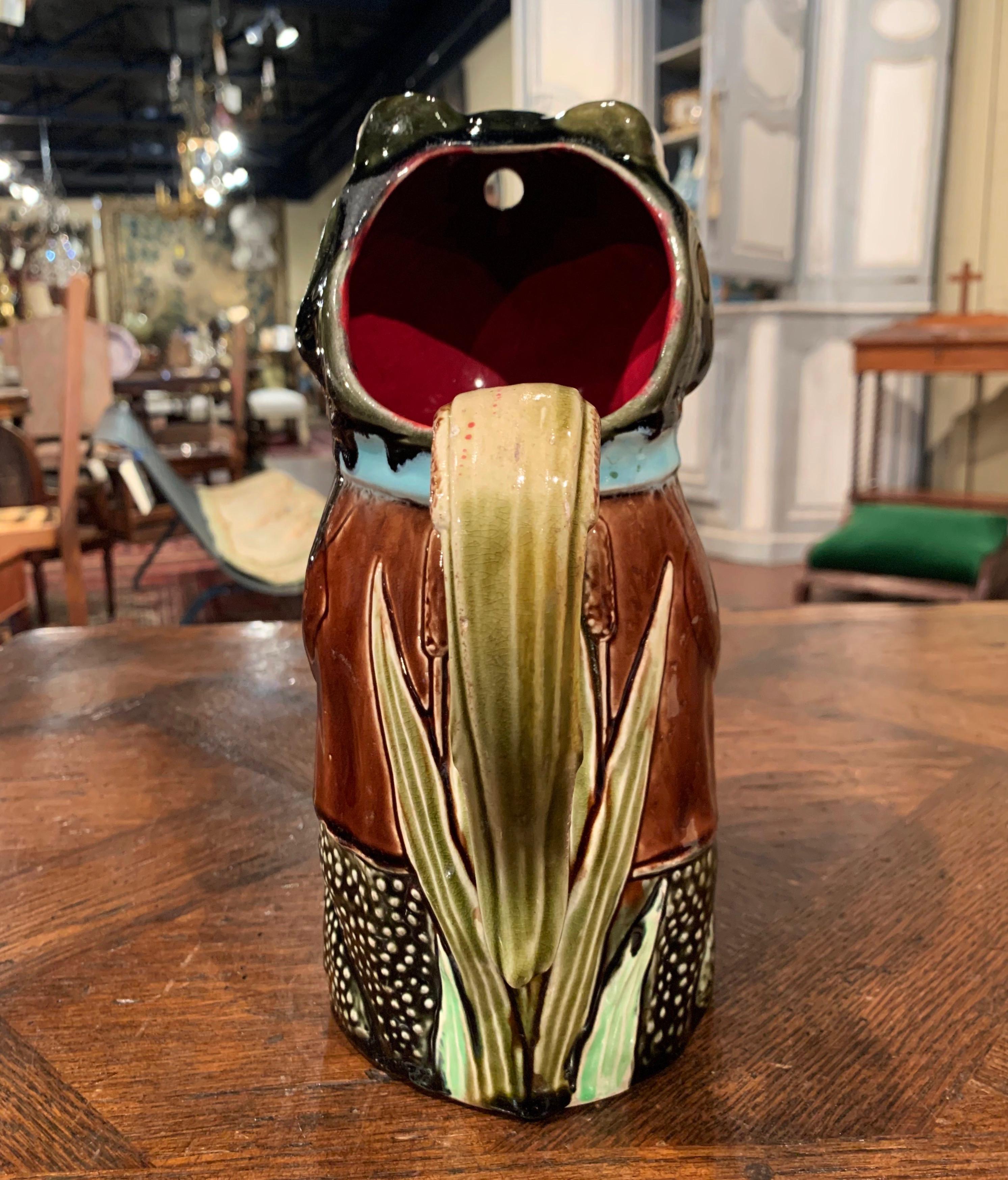 19th Century French Hand Painted Ceramic Barbotine Frog Pitcher by Fives Lille 2