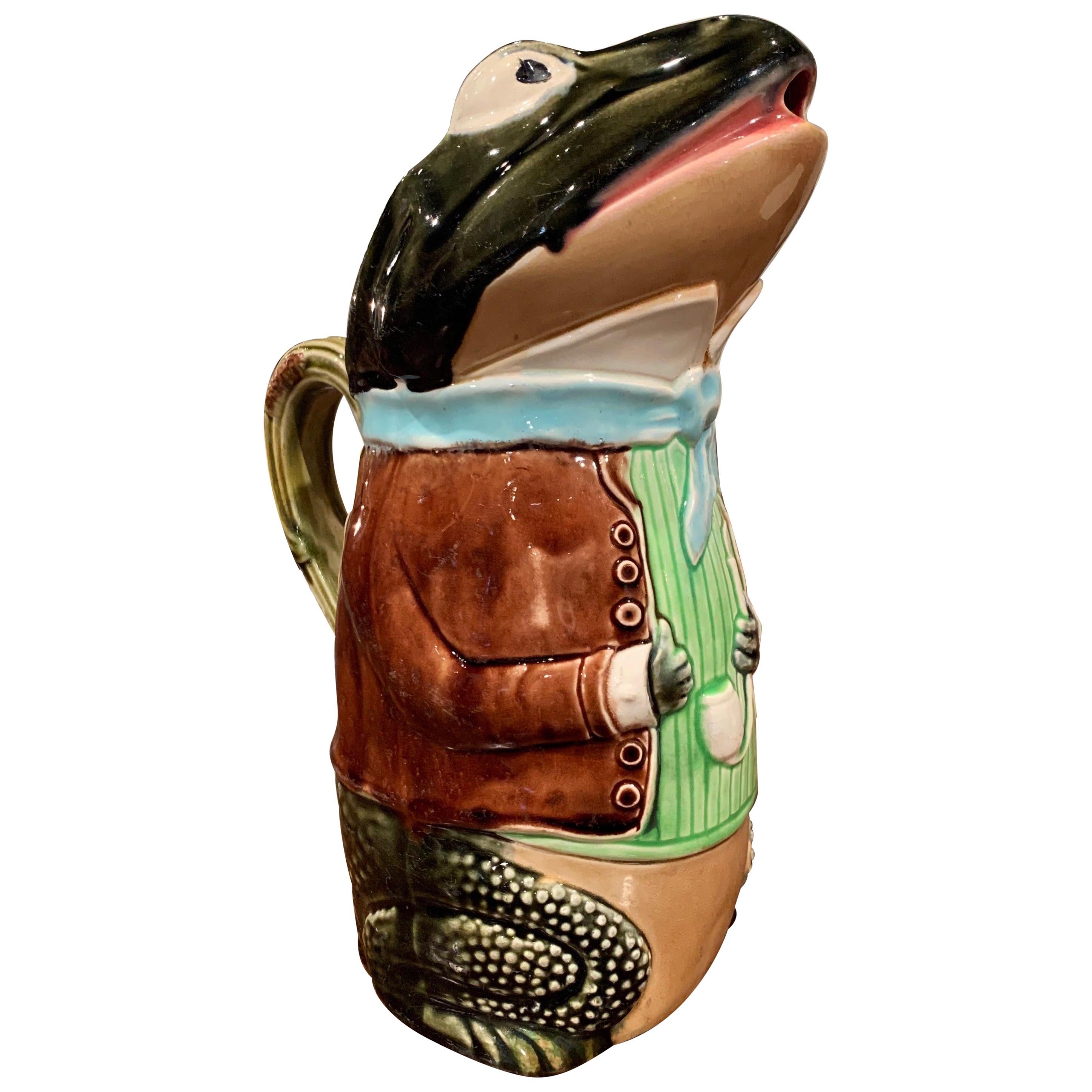 19th Century French Hand Painted Ceramic Barbotine Frog Pitcher by Fives Lille