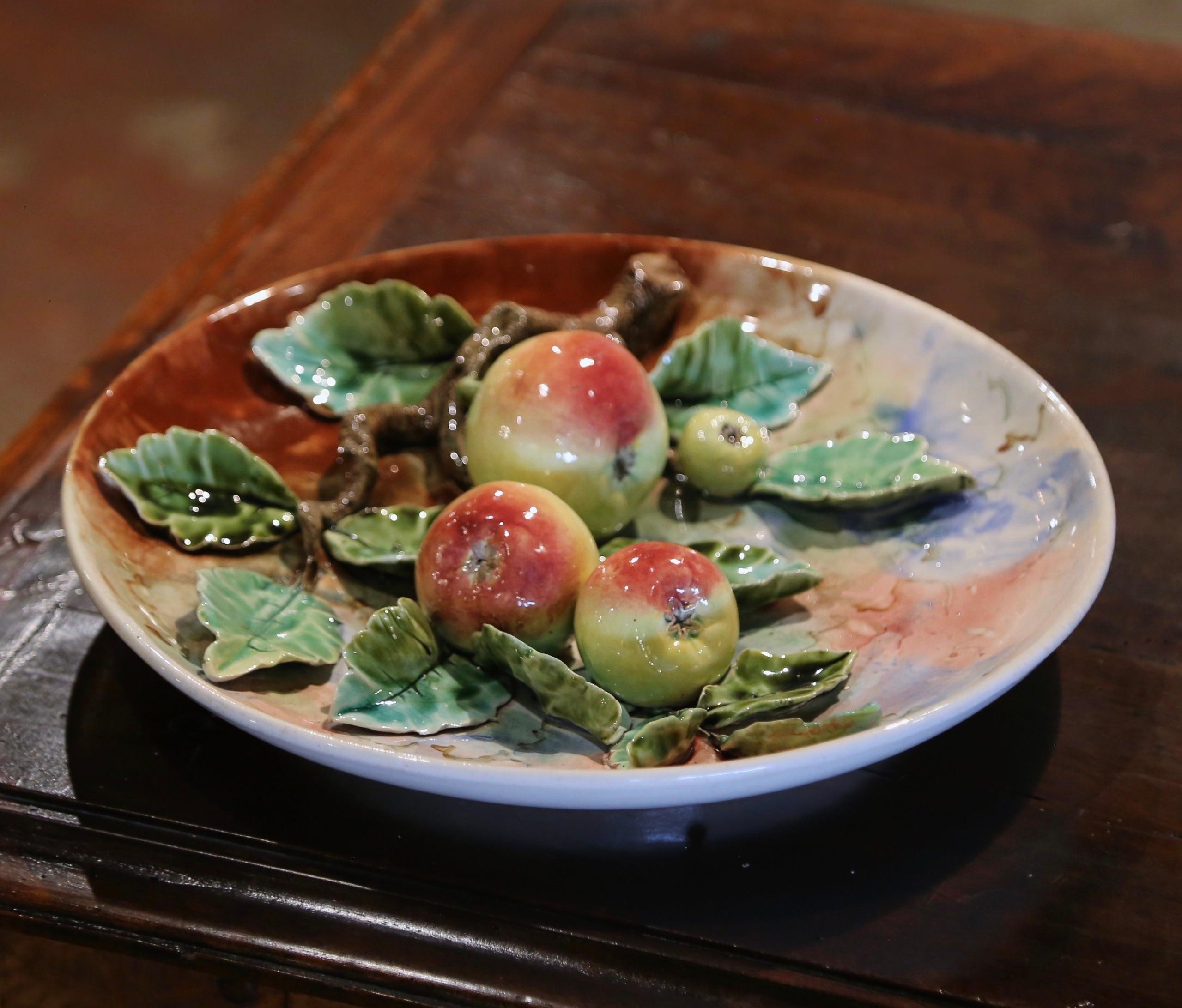 Hand-Crafted 19th Century French Hand Painted Ceramic Barbotine Fruit Wall Platter For Sale