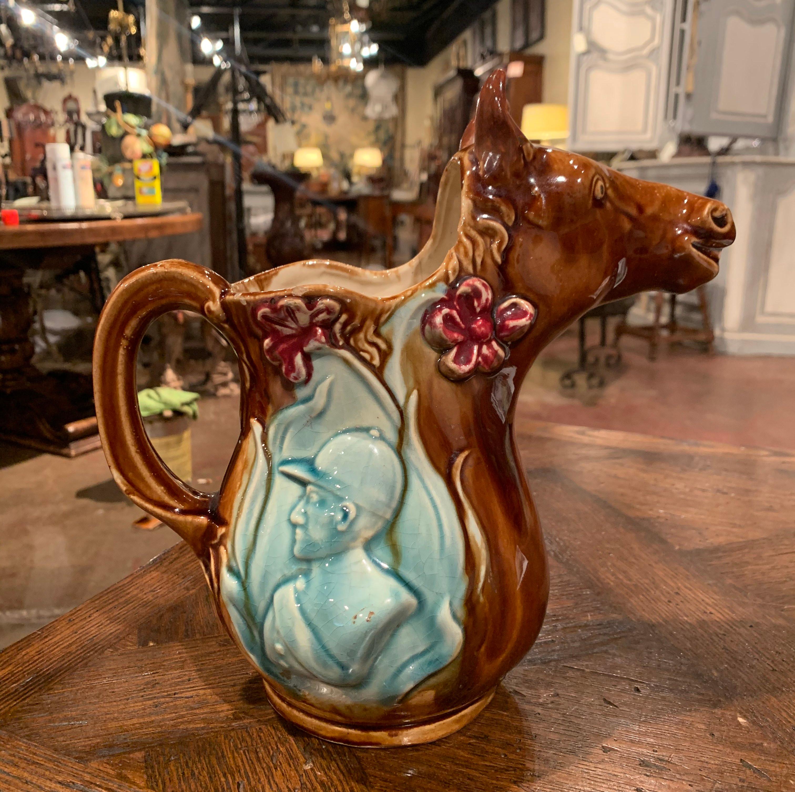 19th Century French Hand Painted Ceramic Barbotine Horse Pitcher Onnaing Style In Excellent Condition In Dallas, TX