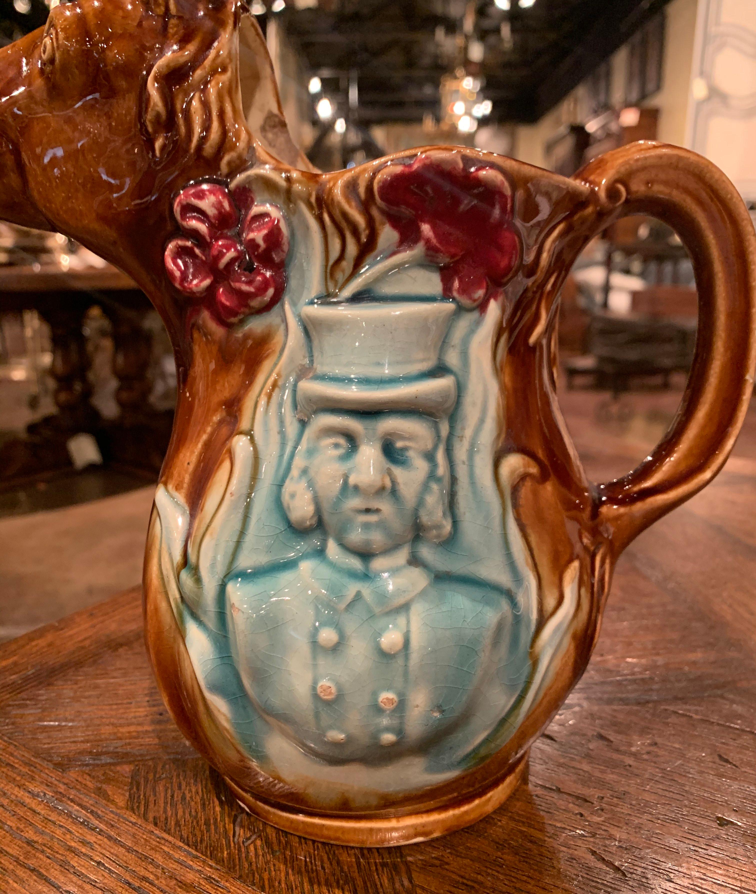 20th Century 19th Century French Hand Painted Ceramic Barbotine Horse Pitcher Onnaing Style