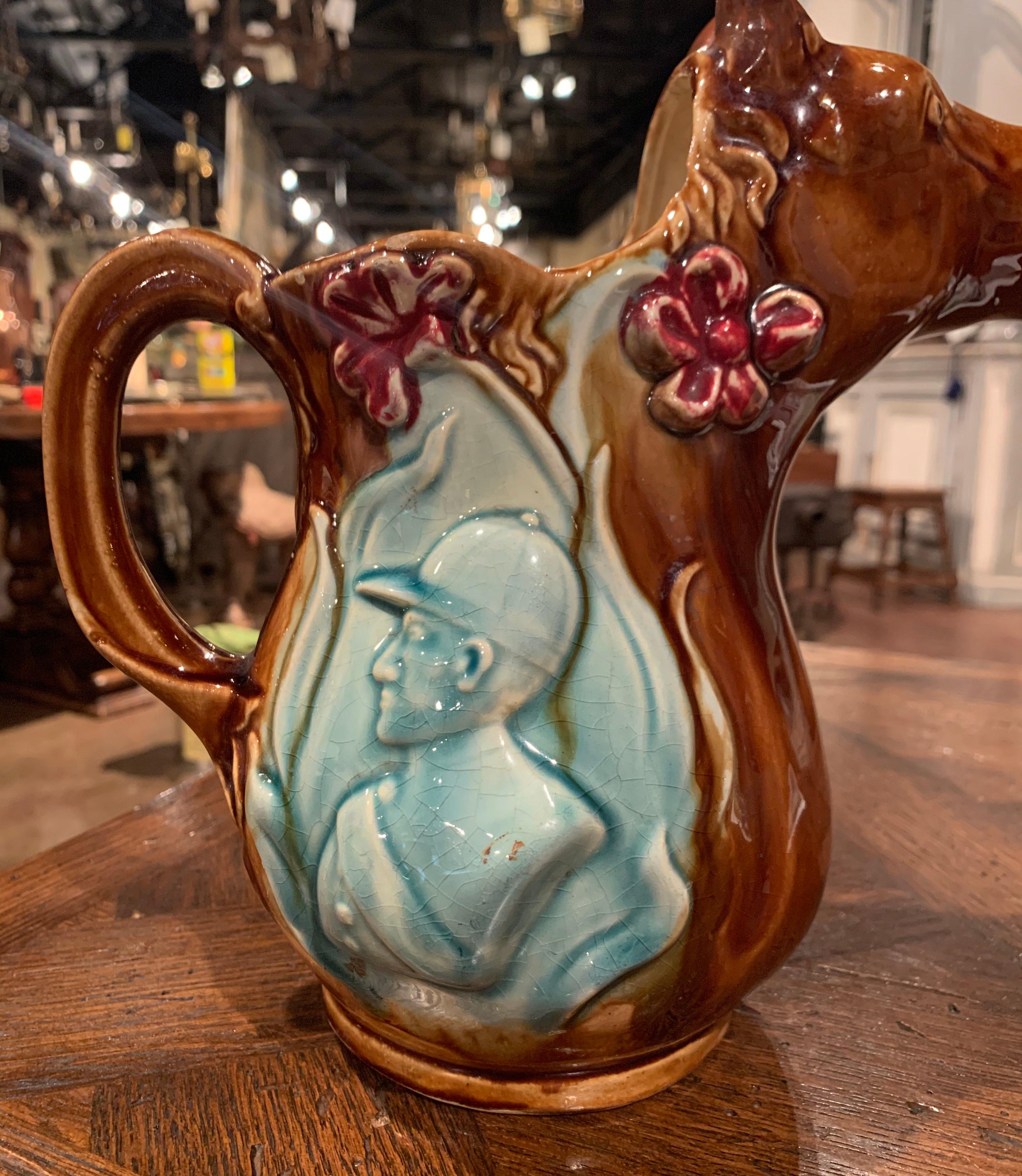 19th Century French Hand Painted Ceramic Barbotine Horse Pitcher Onnaing Style 3