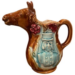 19th Century French Hand Painted Ceramic Barbotine Horse Pitcher Onnaing Style