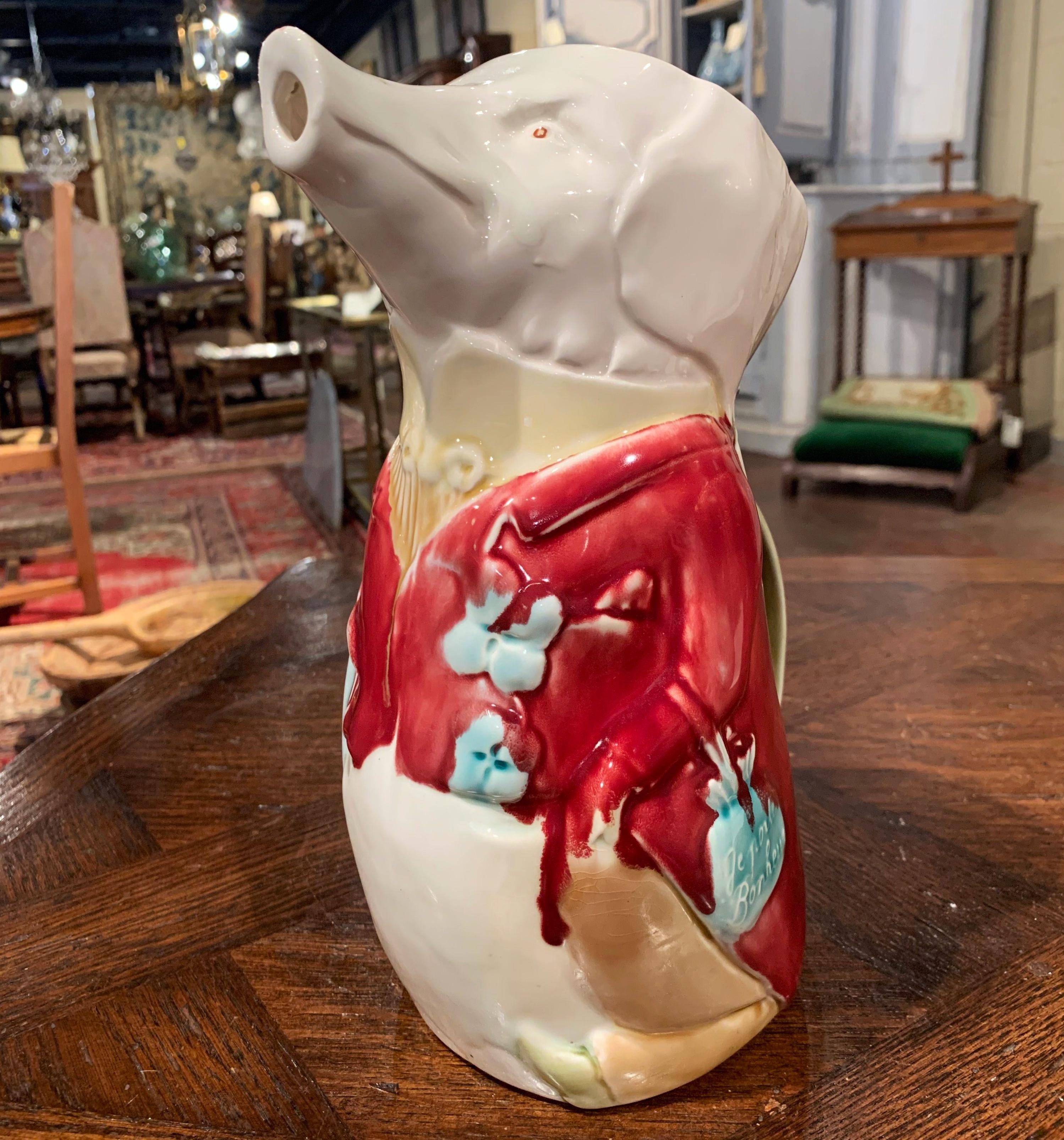 19th Century French Hand Painted Ceramic Barbotine Pig Pitcher by Fives Lille In Excellent Condition In Dallas, TX