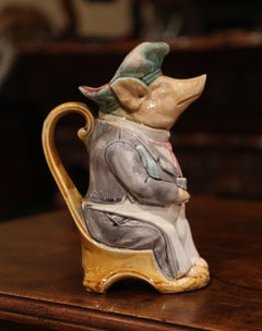 19th Century French Hand Painted Ceramic Barbotine Pig Pitcher by Onnaing