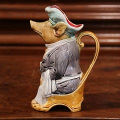 19th Century French Hand Painted Ceramic Barbotine Pig Pitcher by Onnaing