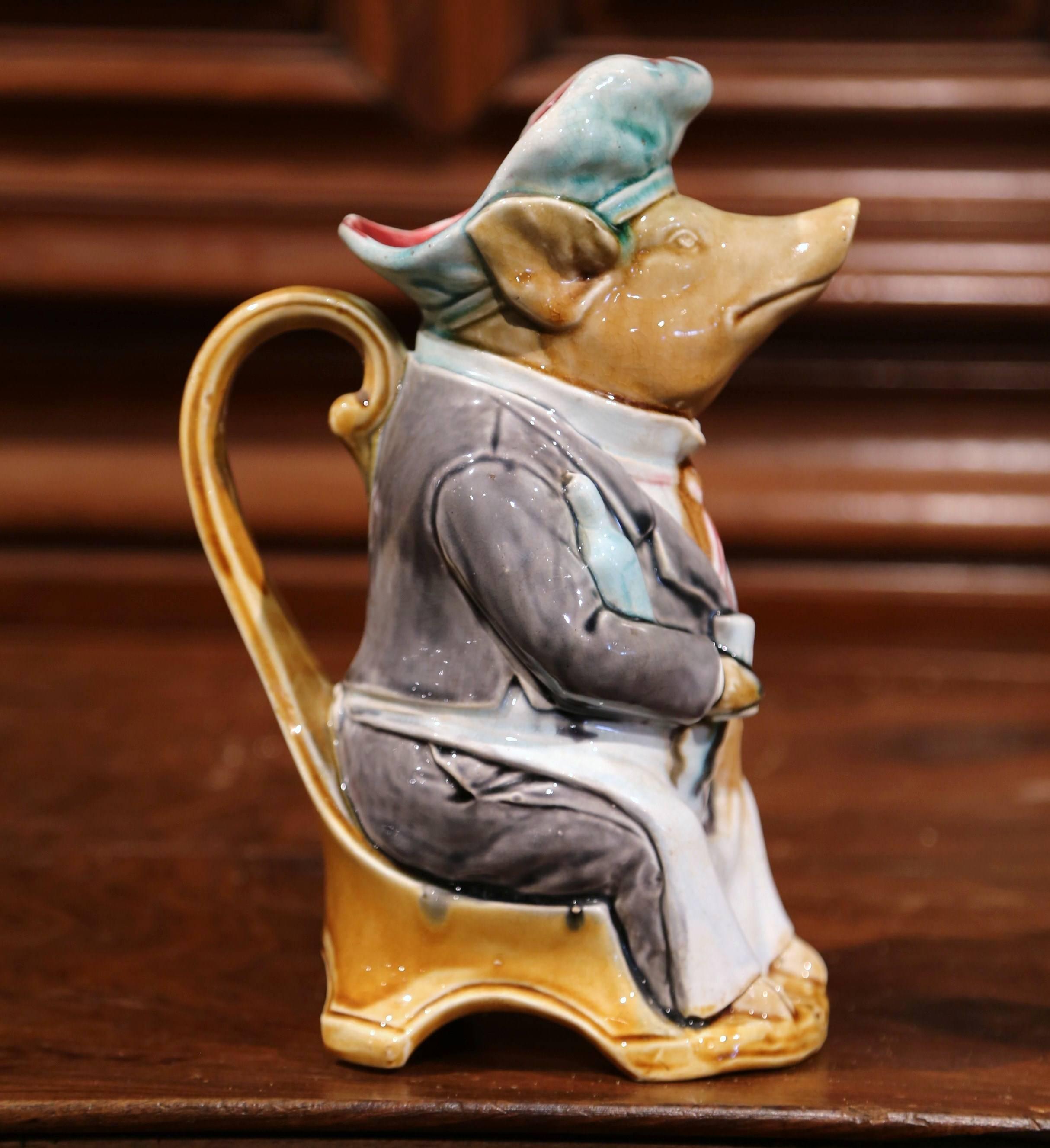 Hand-Crafted 19th Century French Hand Painted Ceramic Barbotine Pig Pitcher by Onnaing