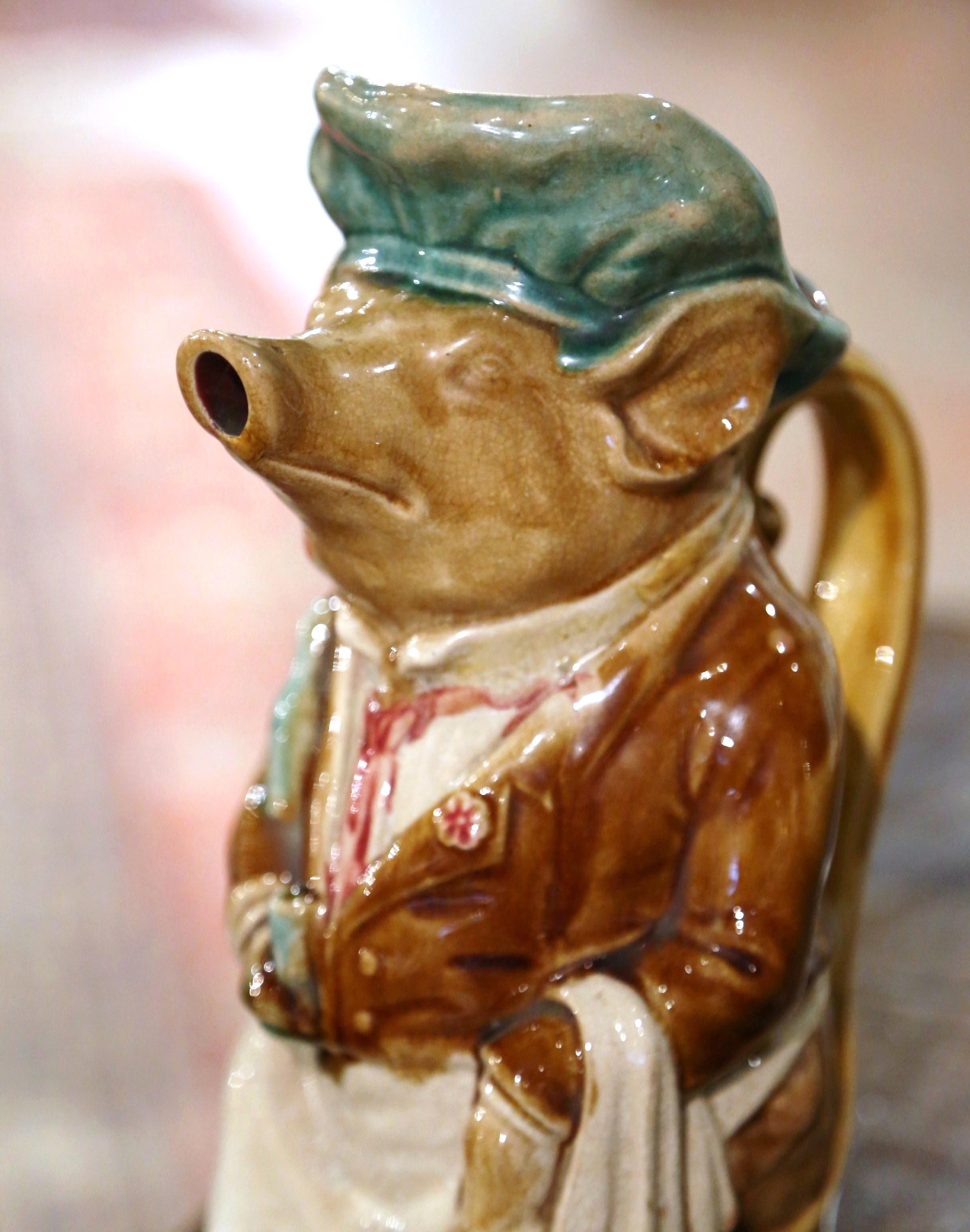 Hand-Crafted 19th Century French Hand Painted Ceramic Barbotine Pig Pitcher by Onnaing