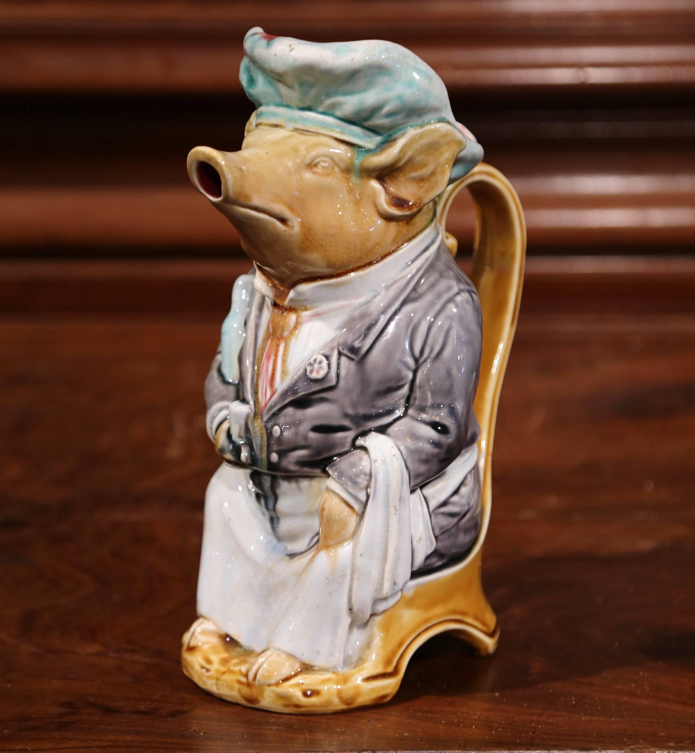 Hand-Crafted 19th Century French Hand Painted Ceramic Barbotine Pig Pitcher by Onnaing
