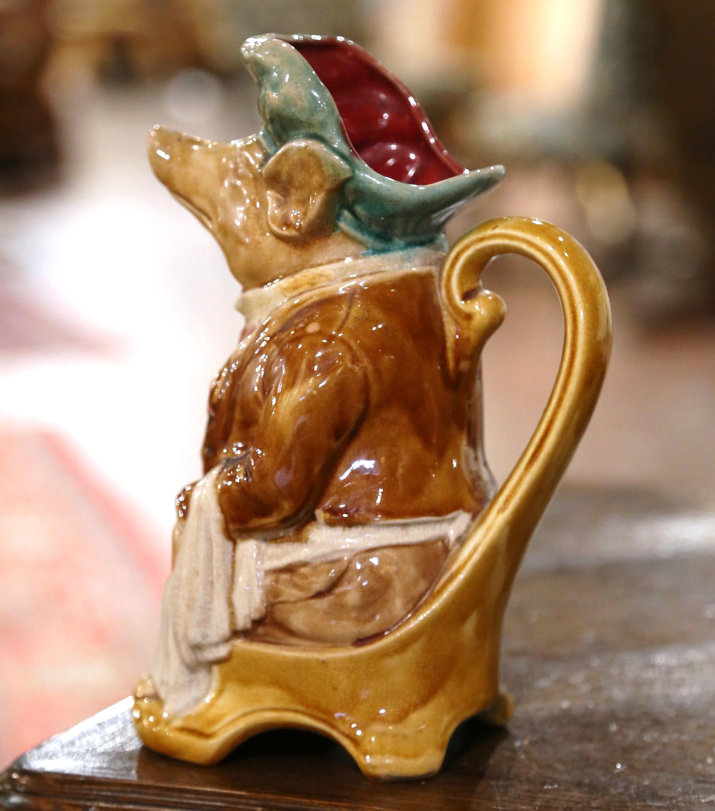 19th Century French Hand Painted Ceramic Barbotine Pig Pitcher by Onnaing In Excellent Condition In Dallas, TX